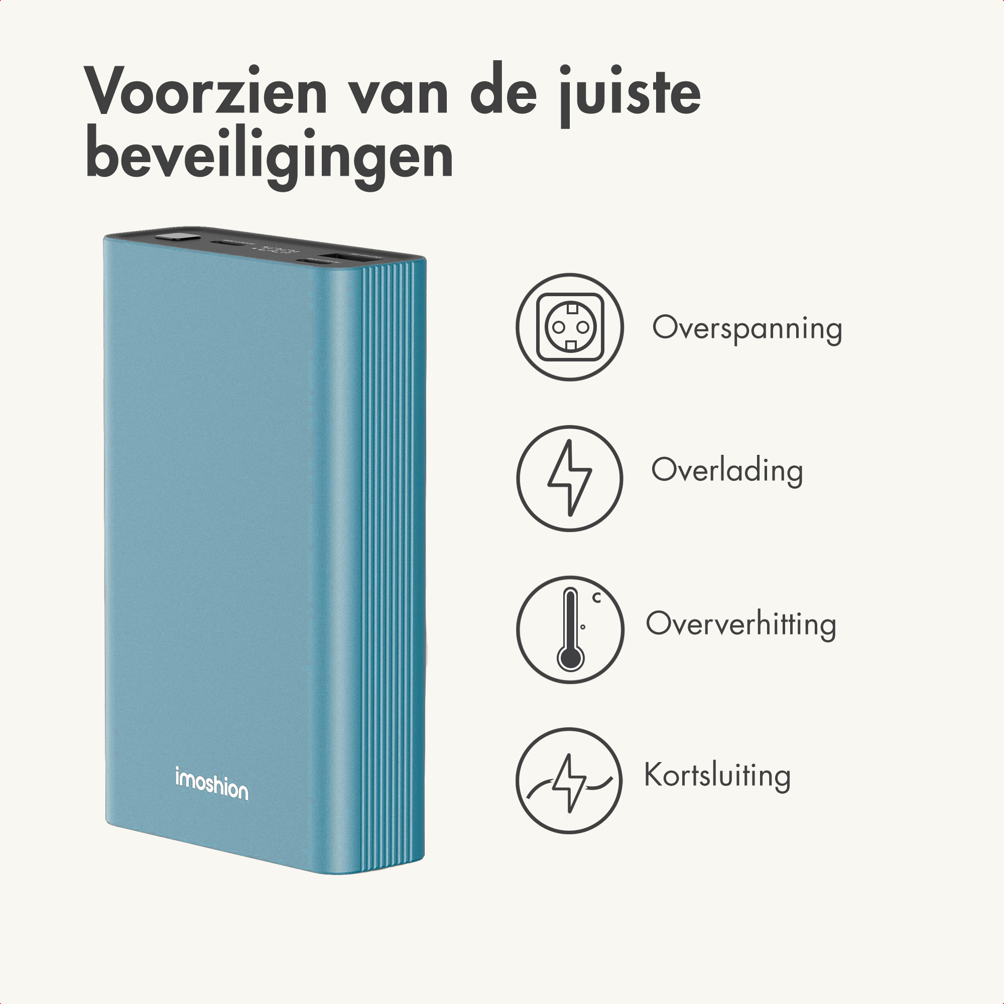 Un power bank blu con icone di protezione: sovratensione, sovraccarico, surriscaldamento.