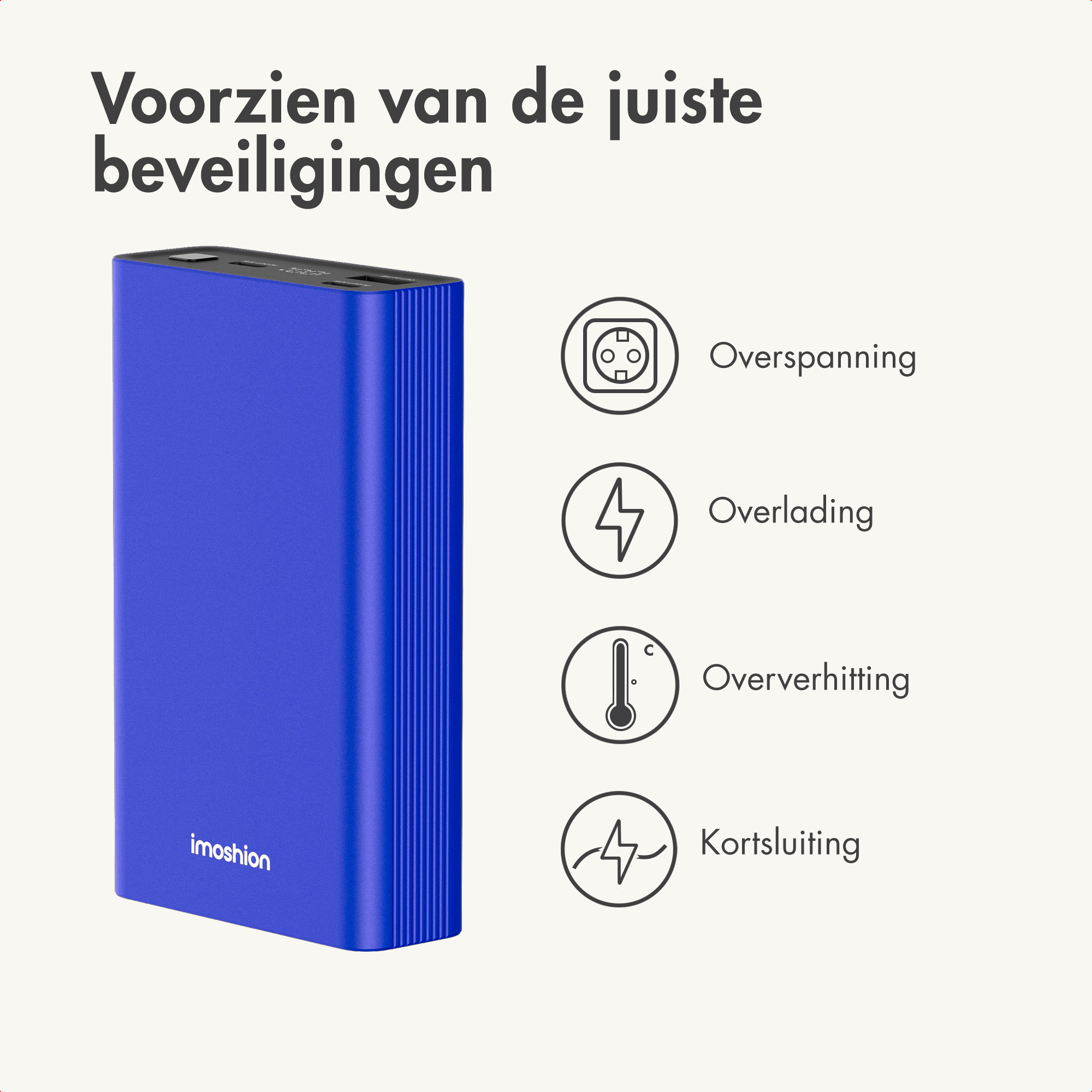 A blue power bank device with protection icons: overvoltage, overload, overheating, short circuit.