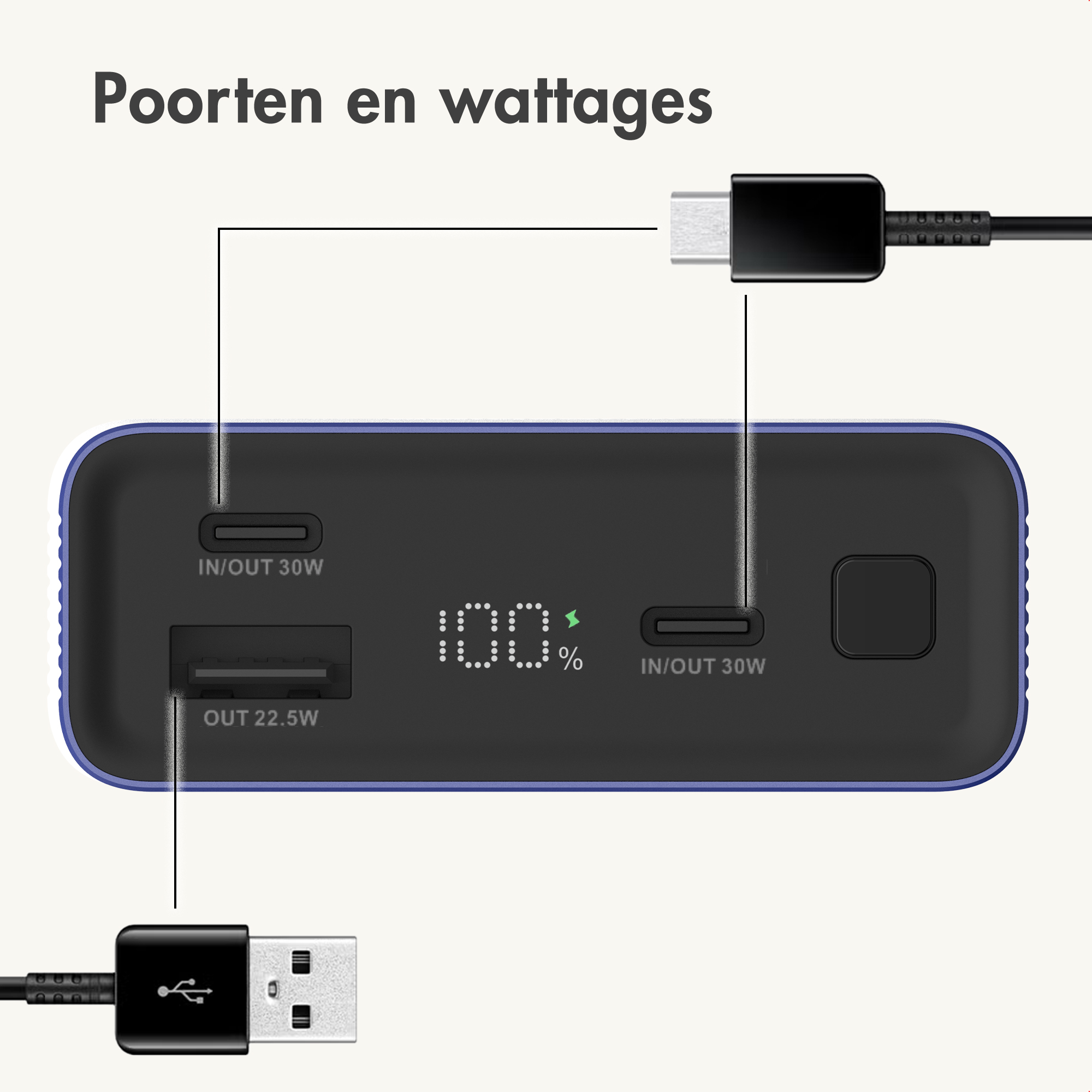 Powerbank with USB-A and USB-C ports, charge indicator at 100%.