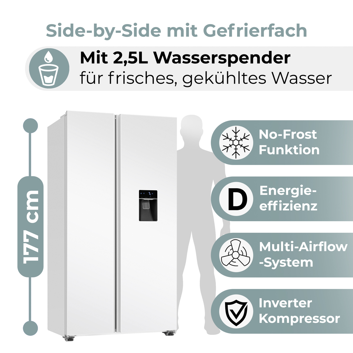 Weier Side-by-Side-Khlgefrierschrank mit Wasserspender. 177cm hoch.