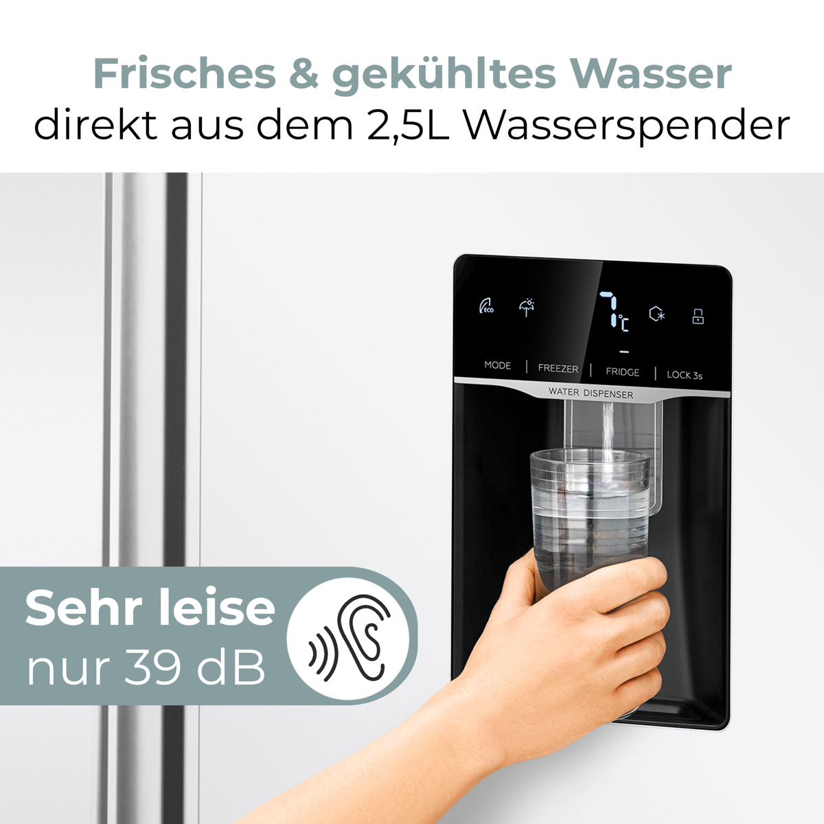 Hand füllt Glas mit Wasser aus einem schwarzen Wasserspender mit Display.