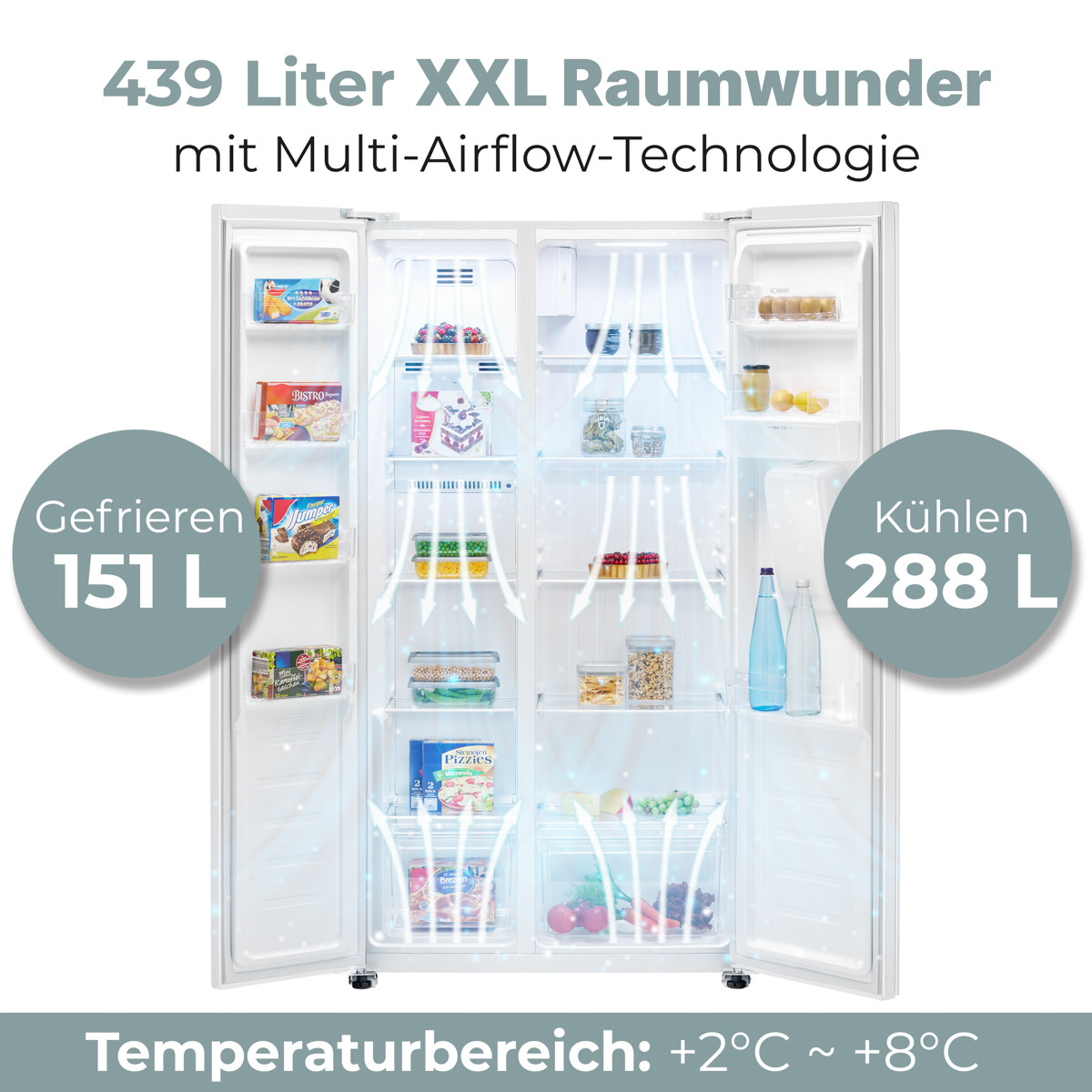 Ein offener Kühlschrank mit Gefrierfach und Kühlfach, gefüllt mit Lebensmitteln.