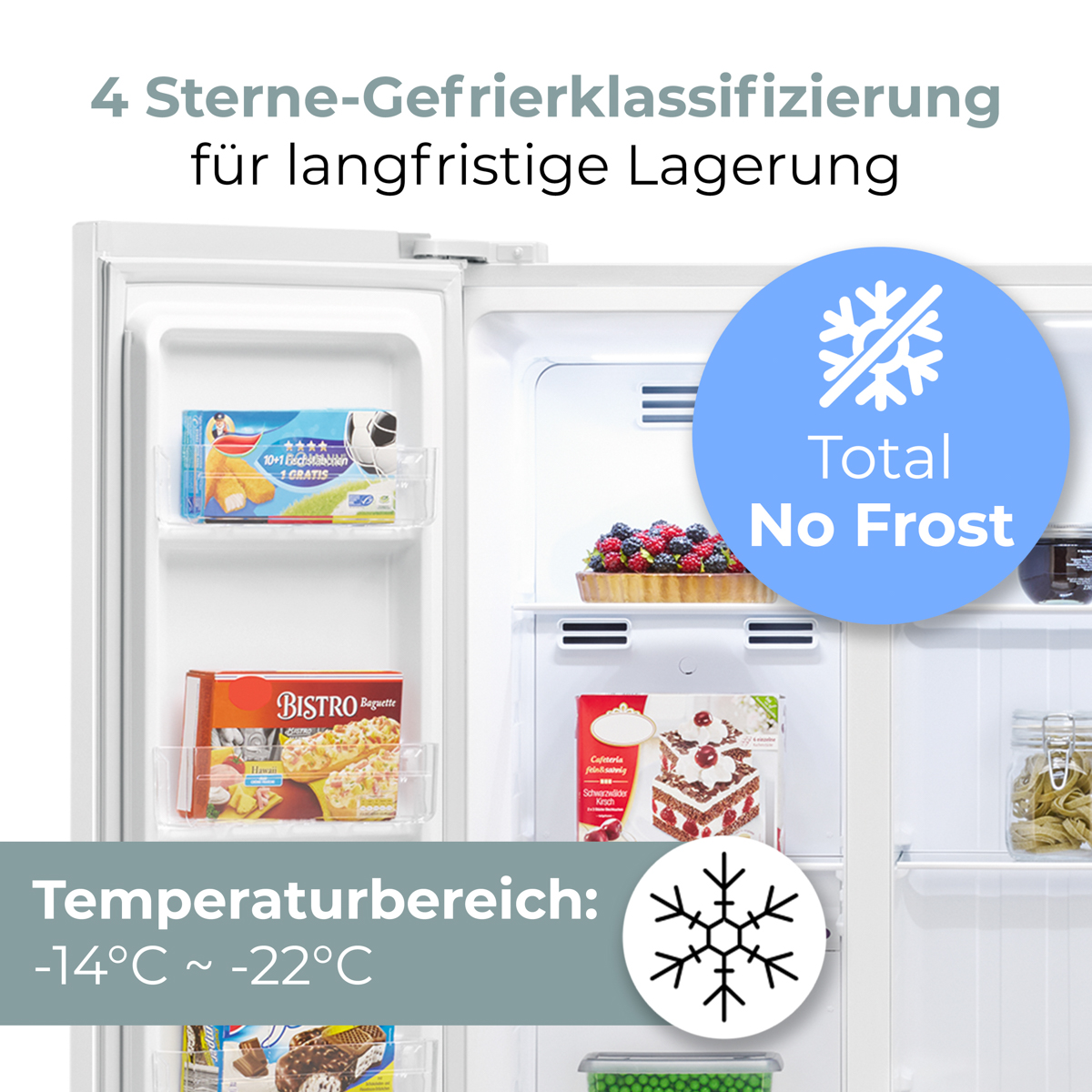 Gefrierschrank mit "Total No Frost"-Technologie. Enthält gefrorene Lebensmittel und Früchte.