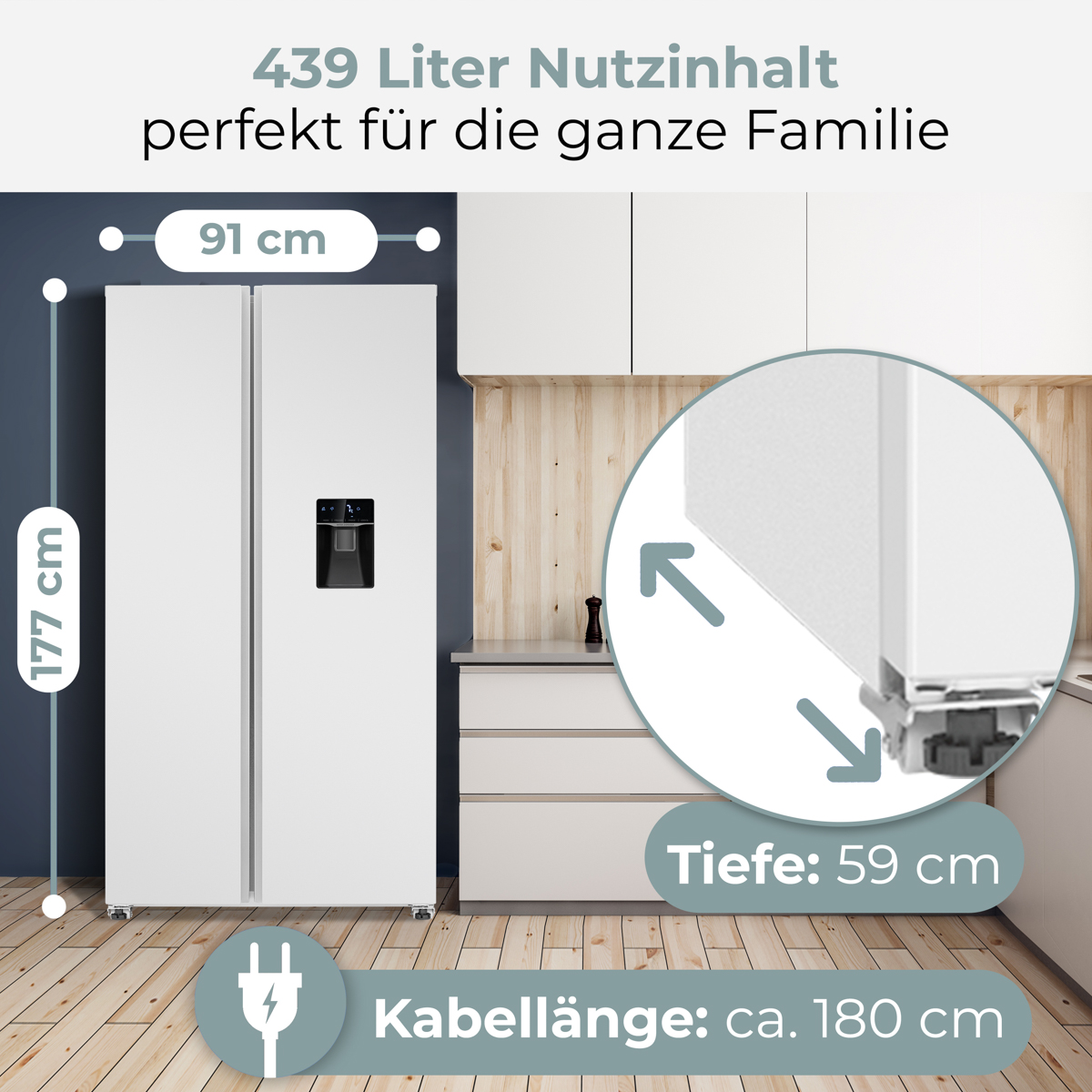 Ein weißer Side-by-Side Kühlschrank mit Wasser- und Eisspender. Maße: 177x91x59cm.