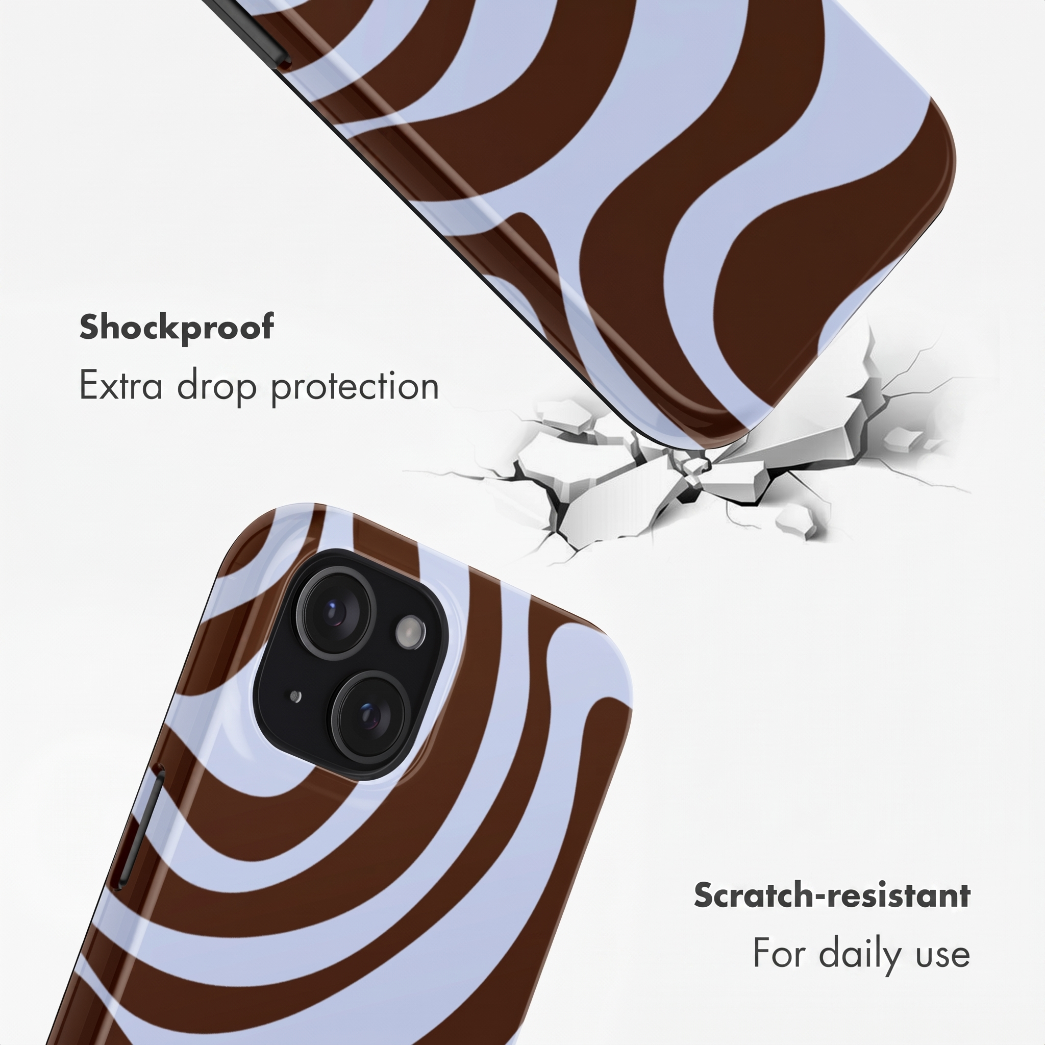 Brown and white wavy pattern phone case, one showing camera, one falling.