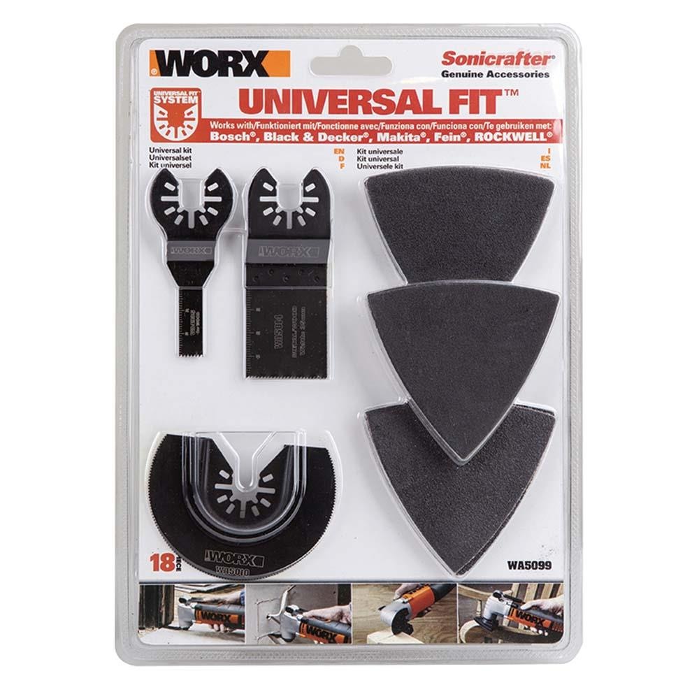 Bir WORX elektrikli alet aksesuar seti, testere bıçakları ve zımpara pedleri dahil.