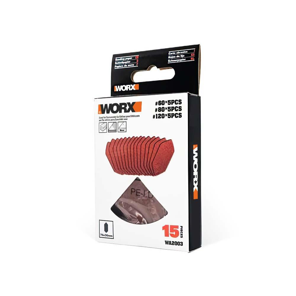 WORX zımpara kağıdı ambalajı, 15 parça, turuncu renk.