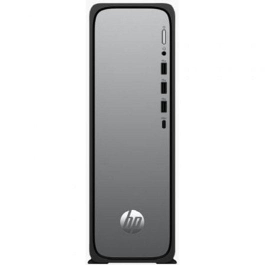 Torre HP negra con panel frontal plateado y puertos.