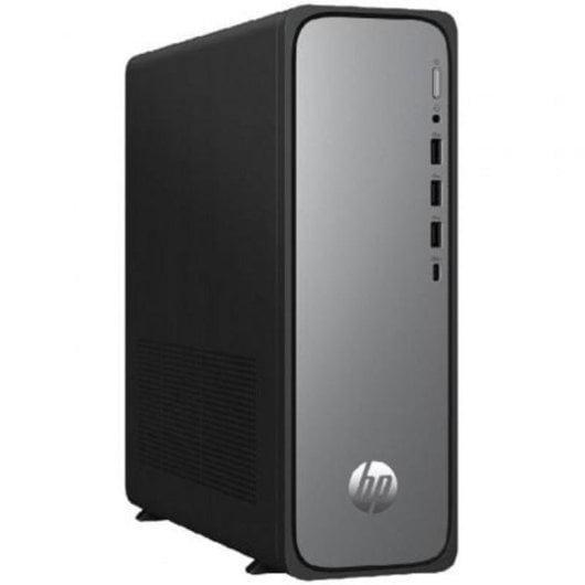Una torre de computadora de escritorio HP negra con panel frontal plateado y logo HP.