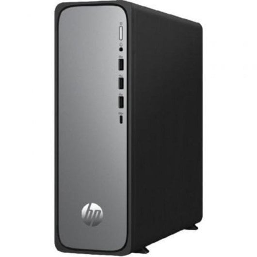 Una torre de computadora de escritorio HP negra y plateada con puertos en el panel frontal.