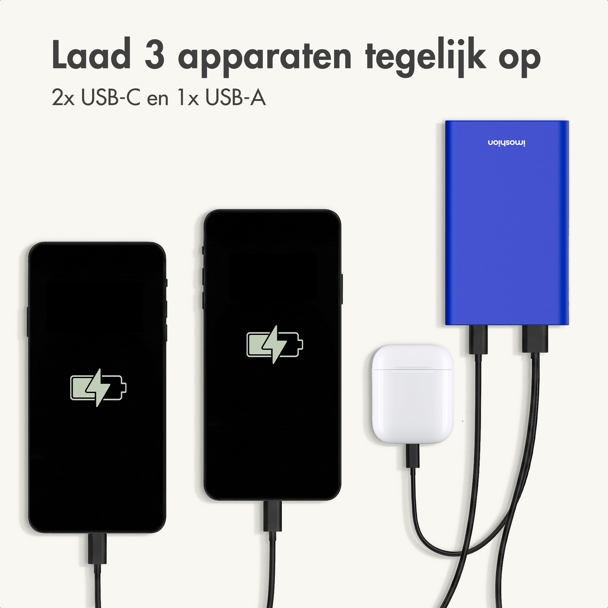 Blue charger powers two phones and a white charging case.