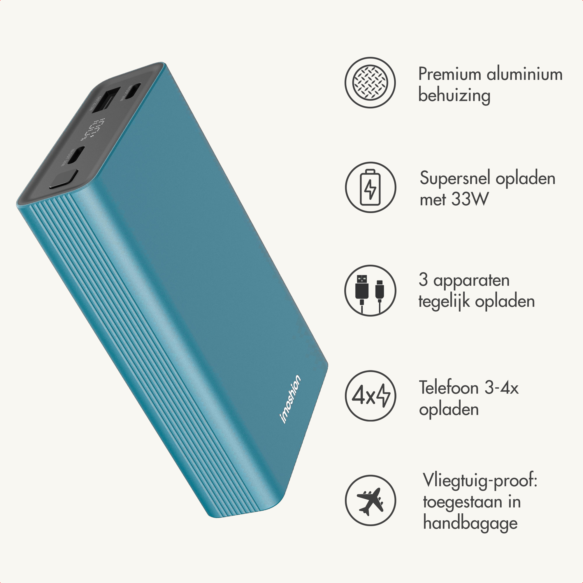 Batterie externe bleue avec ports et indicateur de charge, à côté d'icônes.