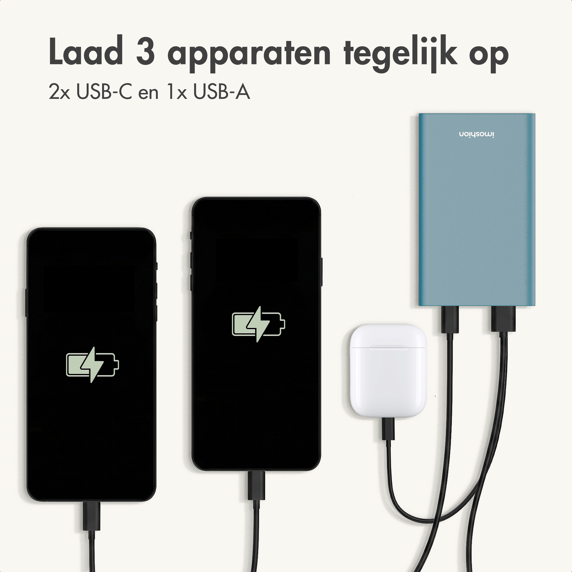 Un caricabatterie blu alimenta due smartphone e auricolari.