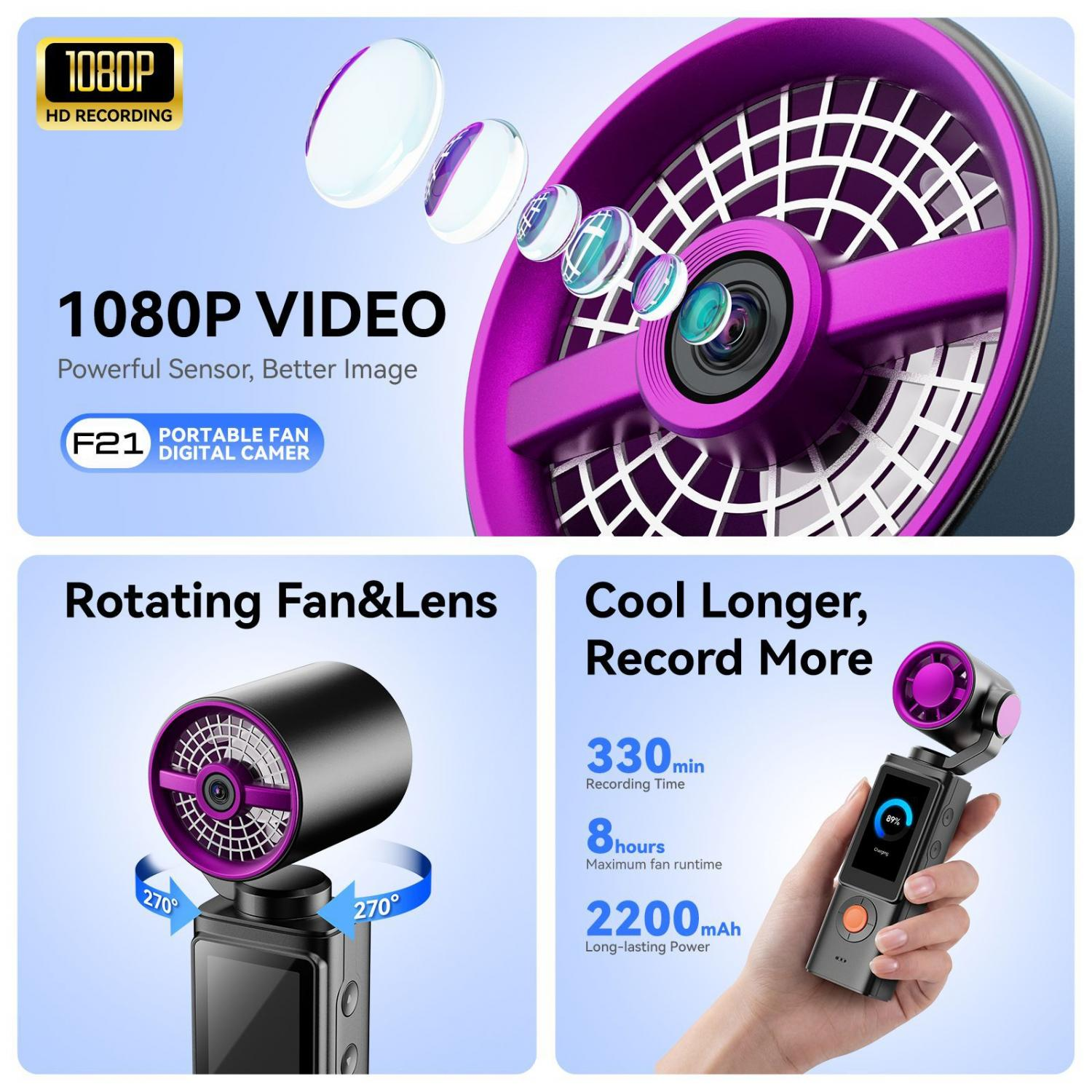 Ein tragbarer Lüfter und Digitalkamera mit 1080p-Video und drehbarem Lüfter/Objektiv.