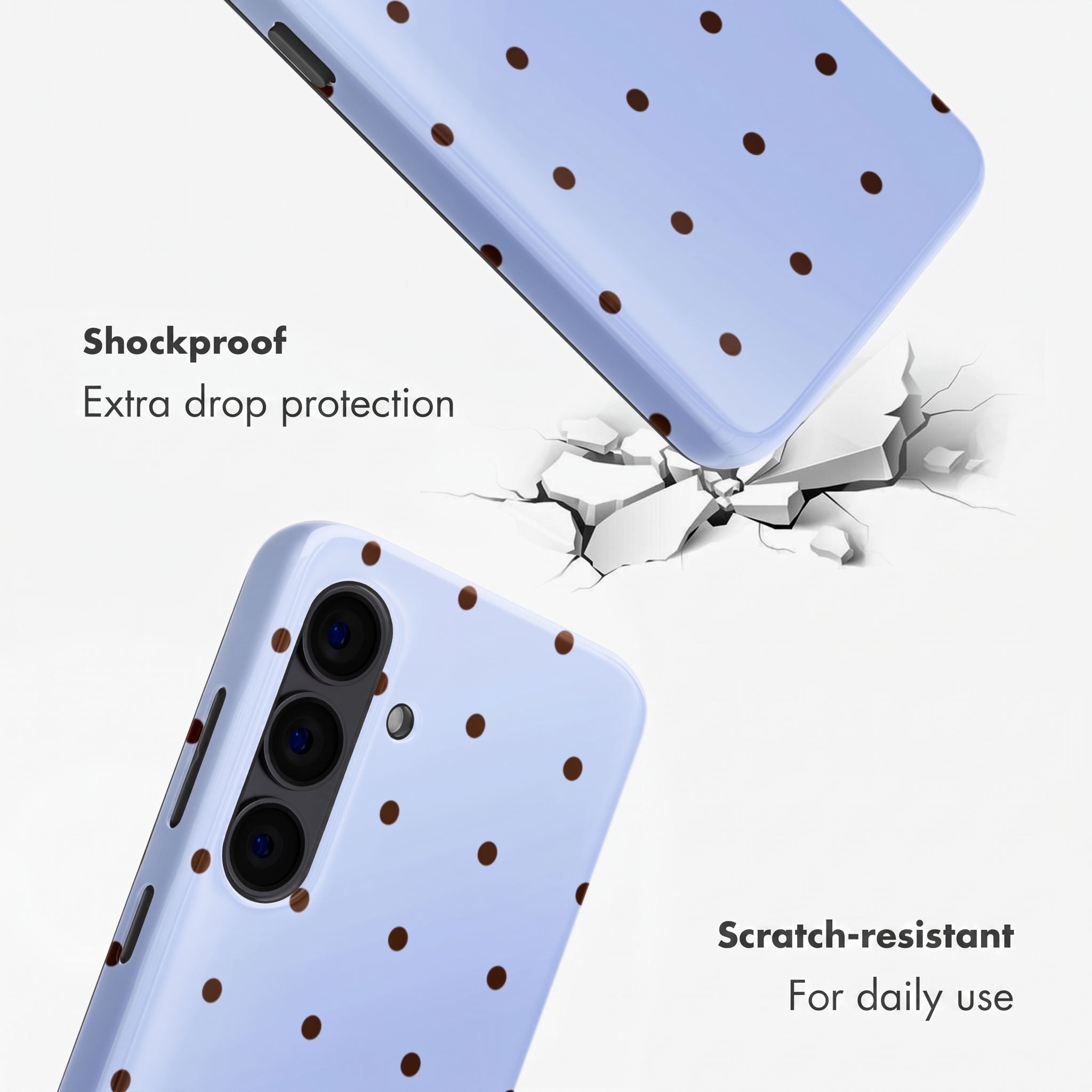 Ein hellblaues Handycover mit braunen Punkten, das vor Bruch geschützt ist.
