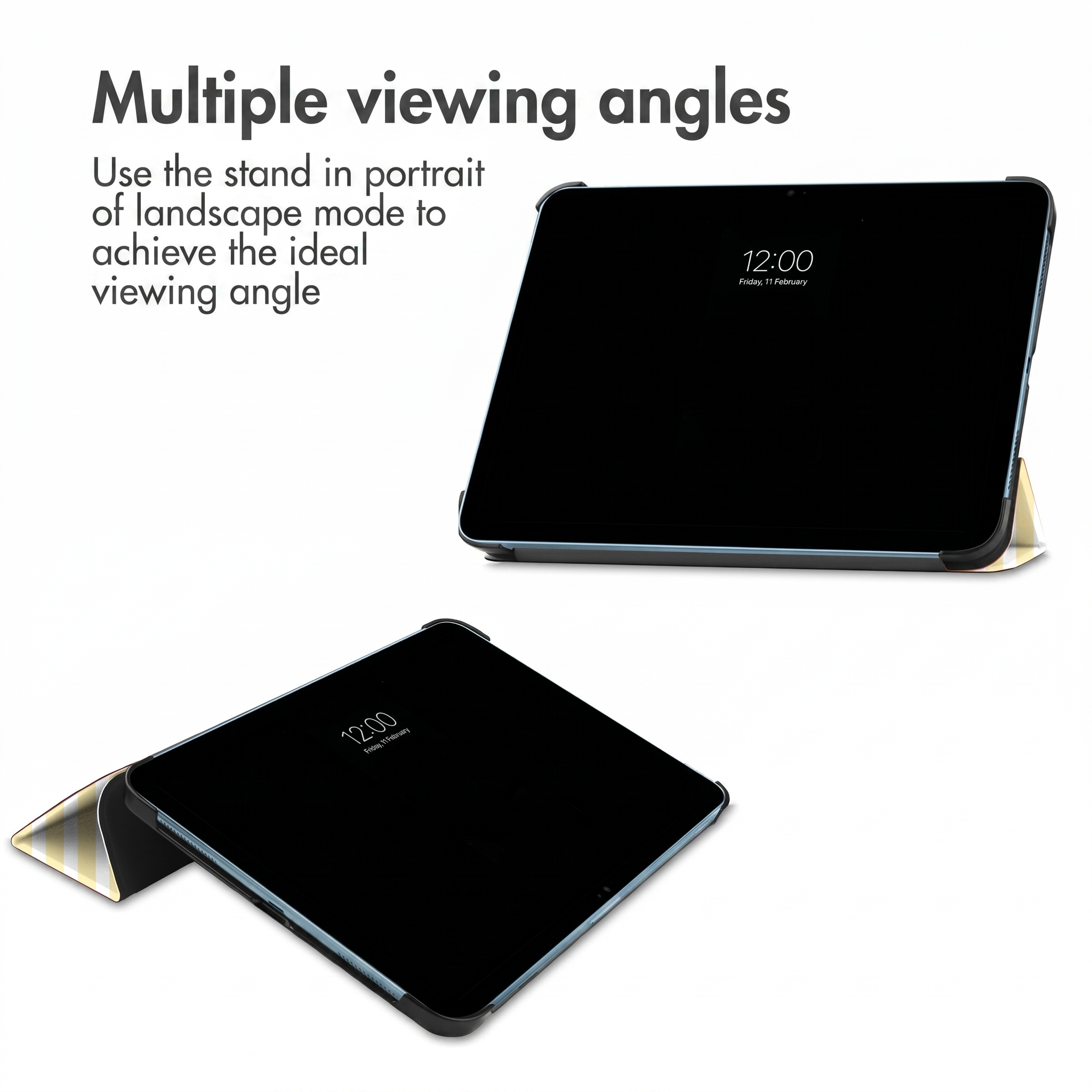 Twee tablets met zwart scherm, één rechtop, één liggend, staan op een gestreepte standaard.
