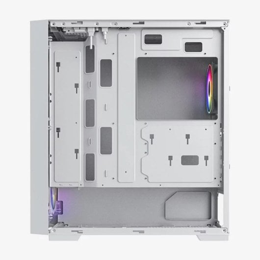 Vista interior de una caja de PC blanca con ventiladores y puntos de montaje.