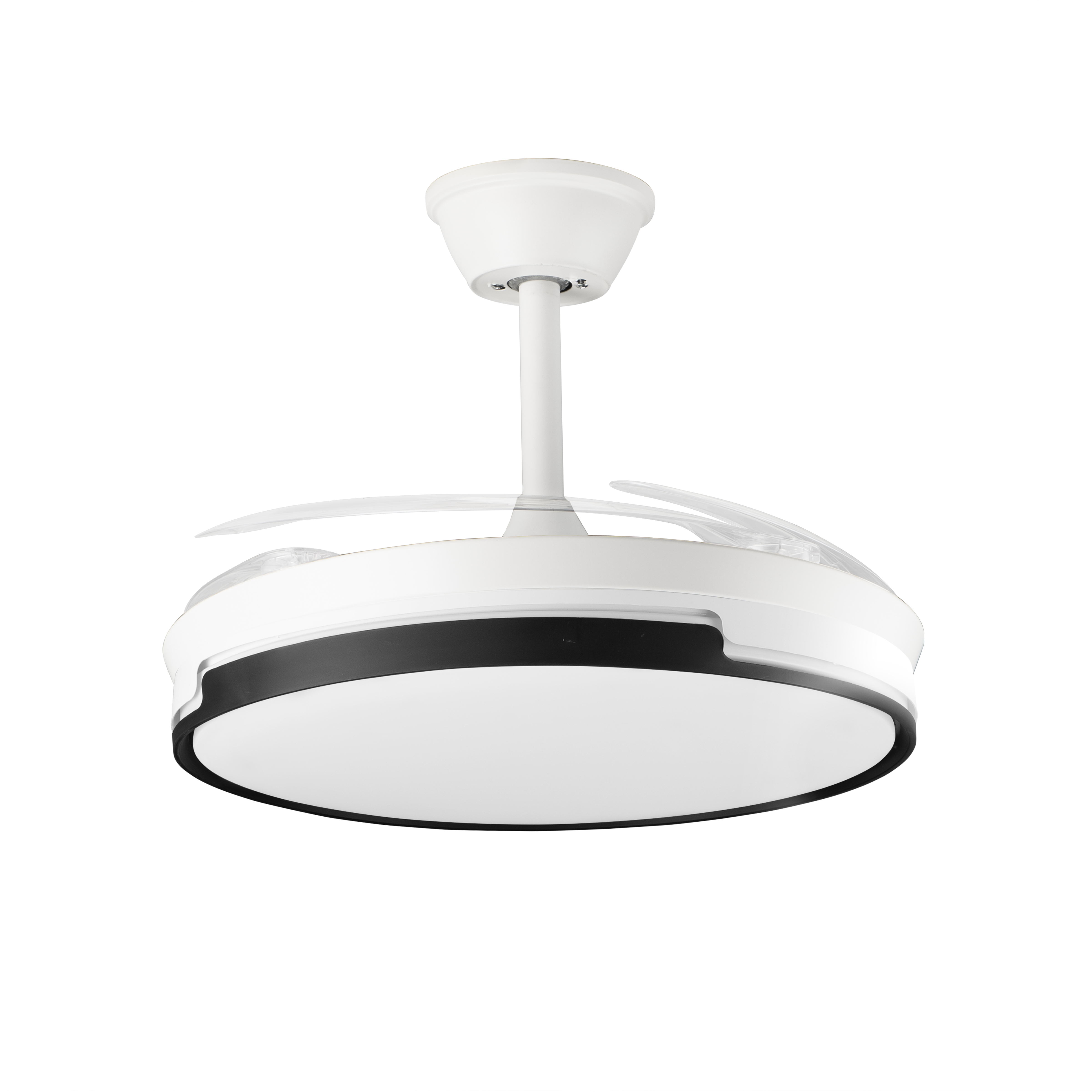 Un ventilador de techo retráctil con luz LED en blanco y negro.