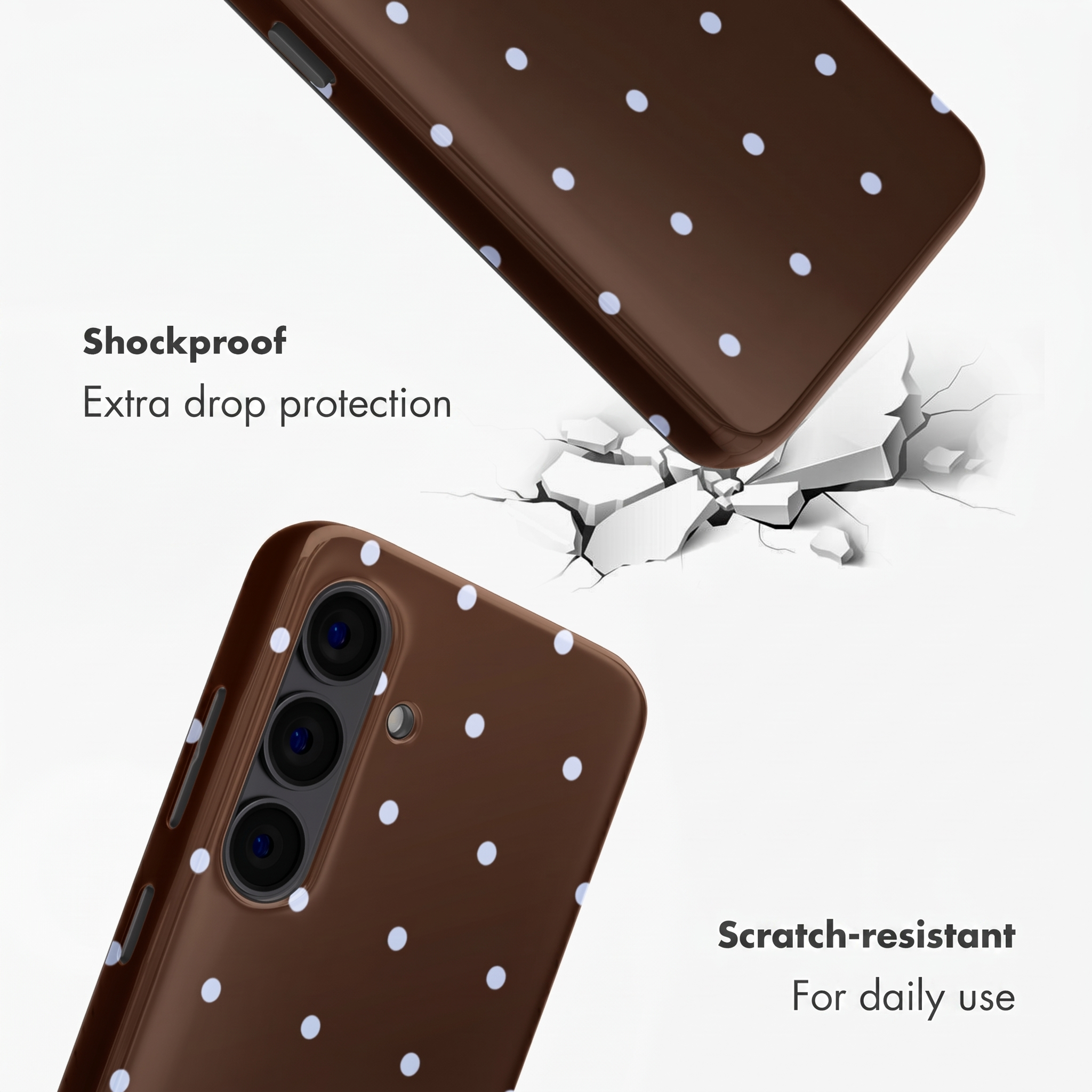 Funda de teléfono marrón con puntos blancos cayendo sobre superficie agrietada.