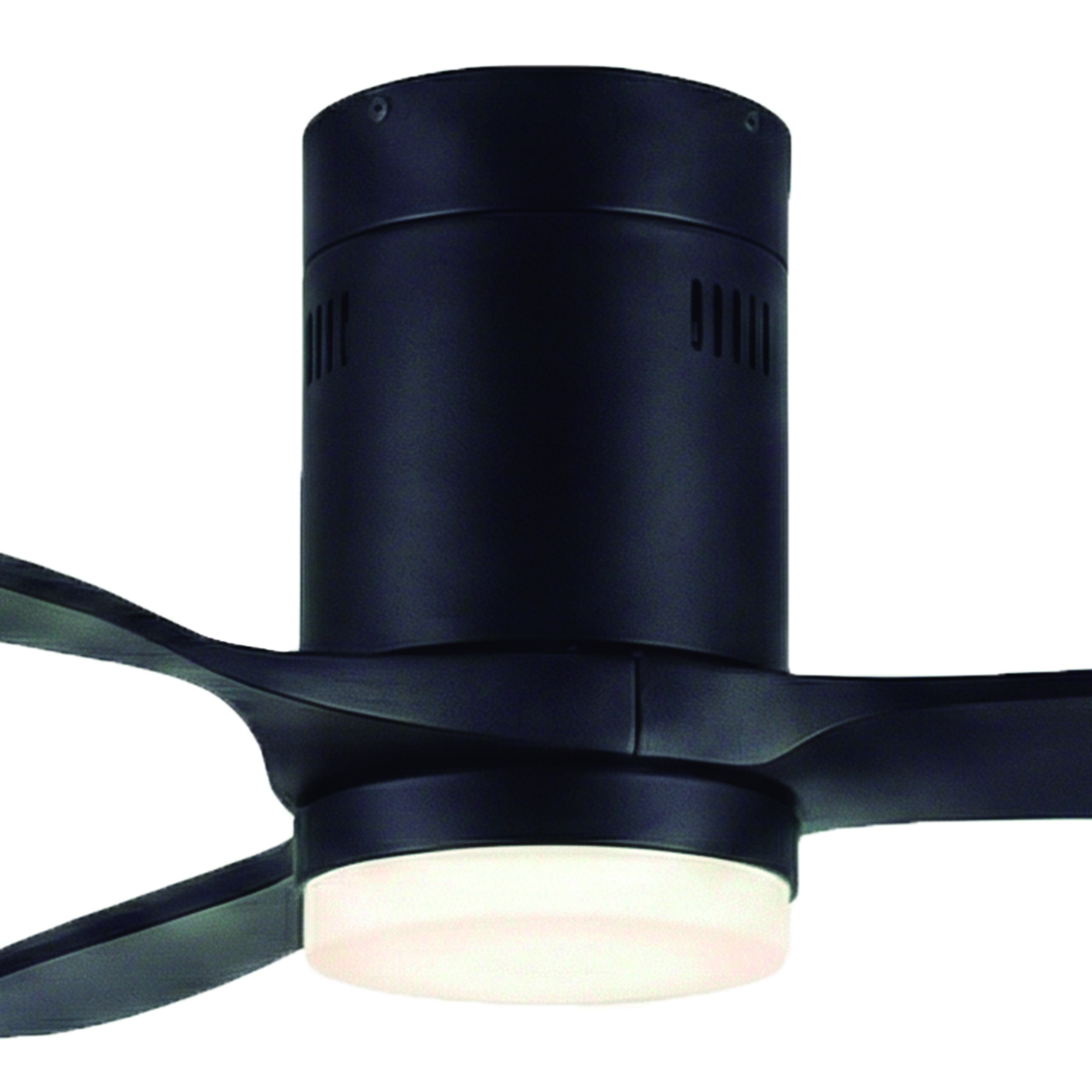 Ventilador de techo negro con luz LED sobre fondo blanco.