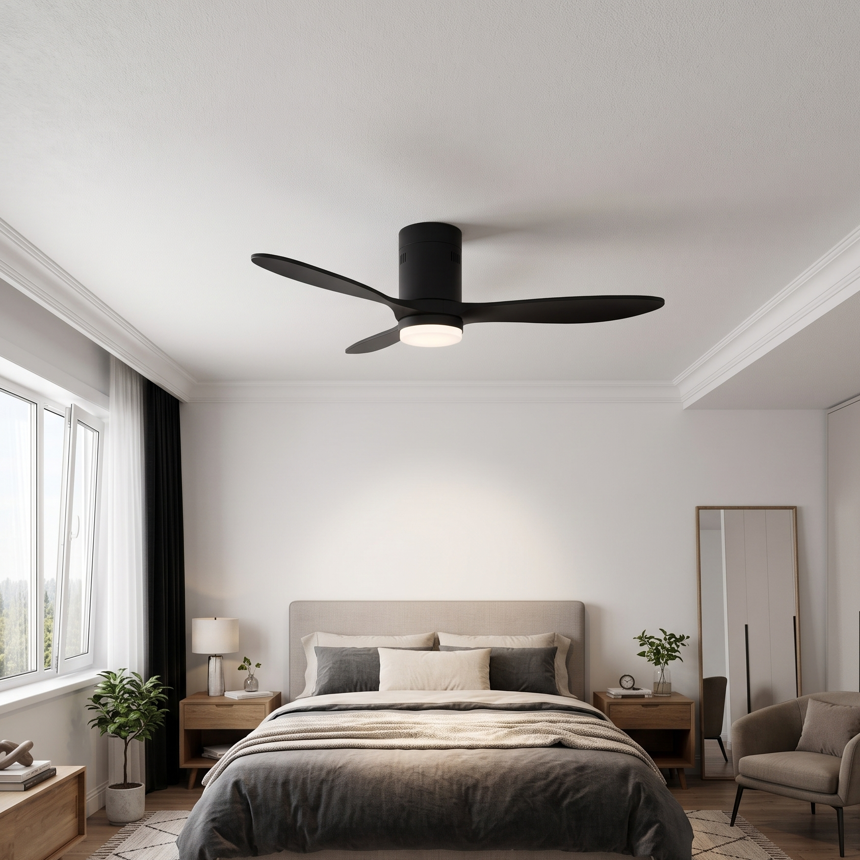Ventilador de techo negro sobre una cama con ropa de cama gris y mesitas de noche.