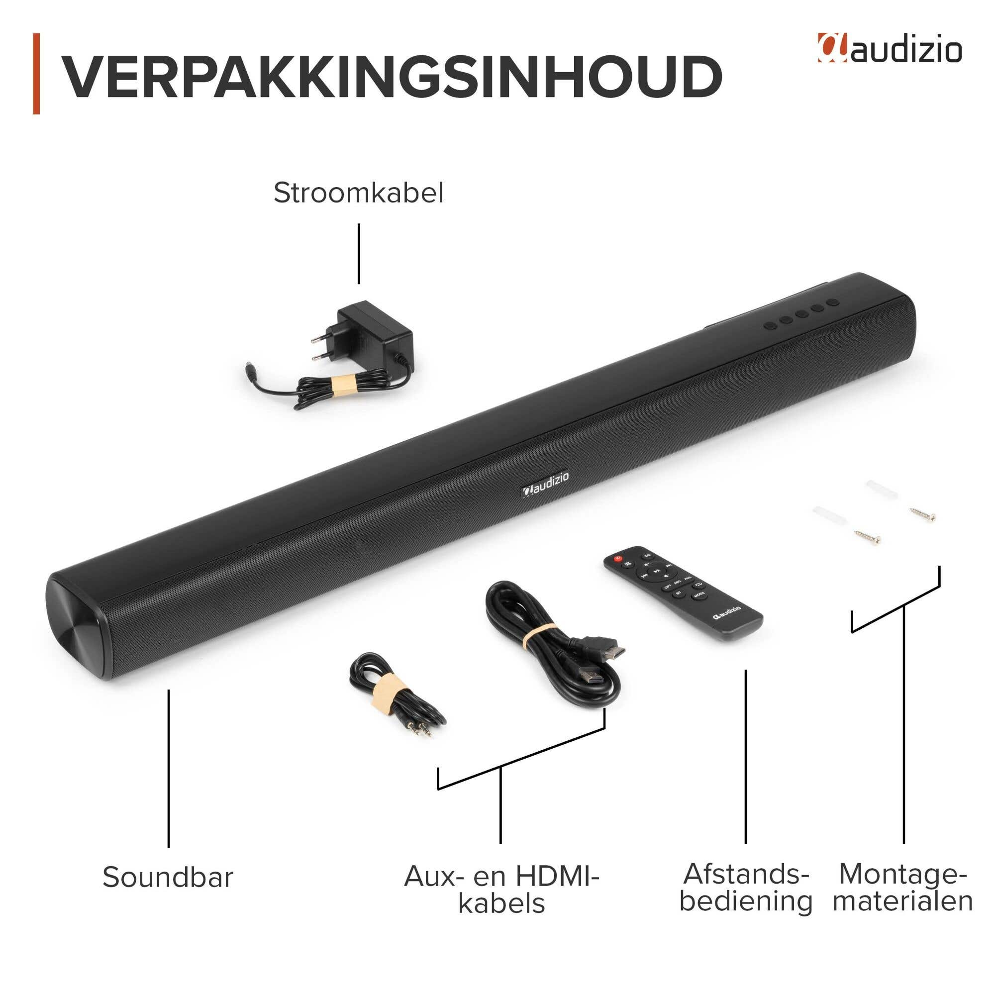 Barra de sonido con accesorios: cable de alimentación, cables aux/HDMI, mando, herrajes.