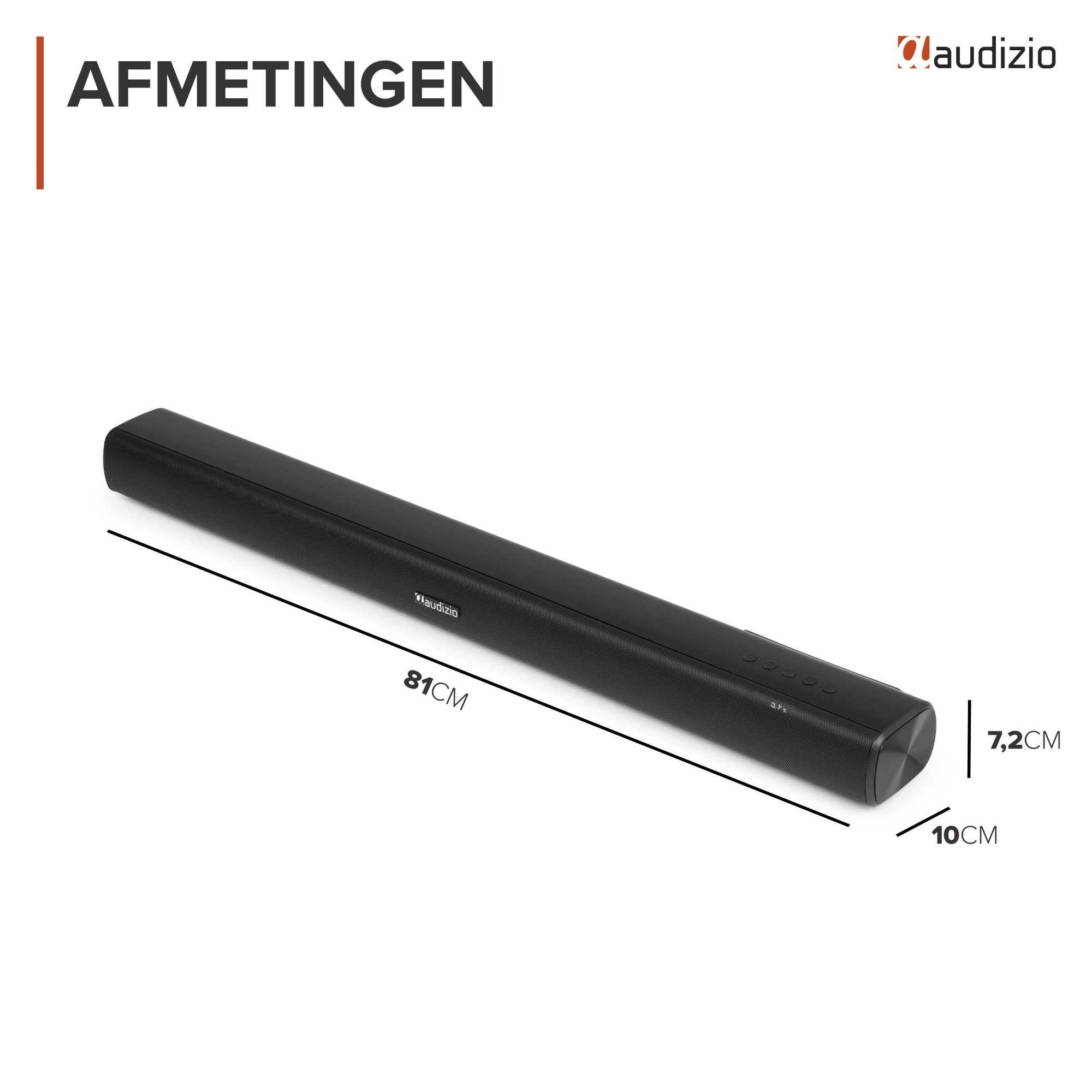 Barra de sonido negra con dimensiones de 81cm de largo, 7,2cm de alto, 10cm de profundidad.
