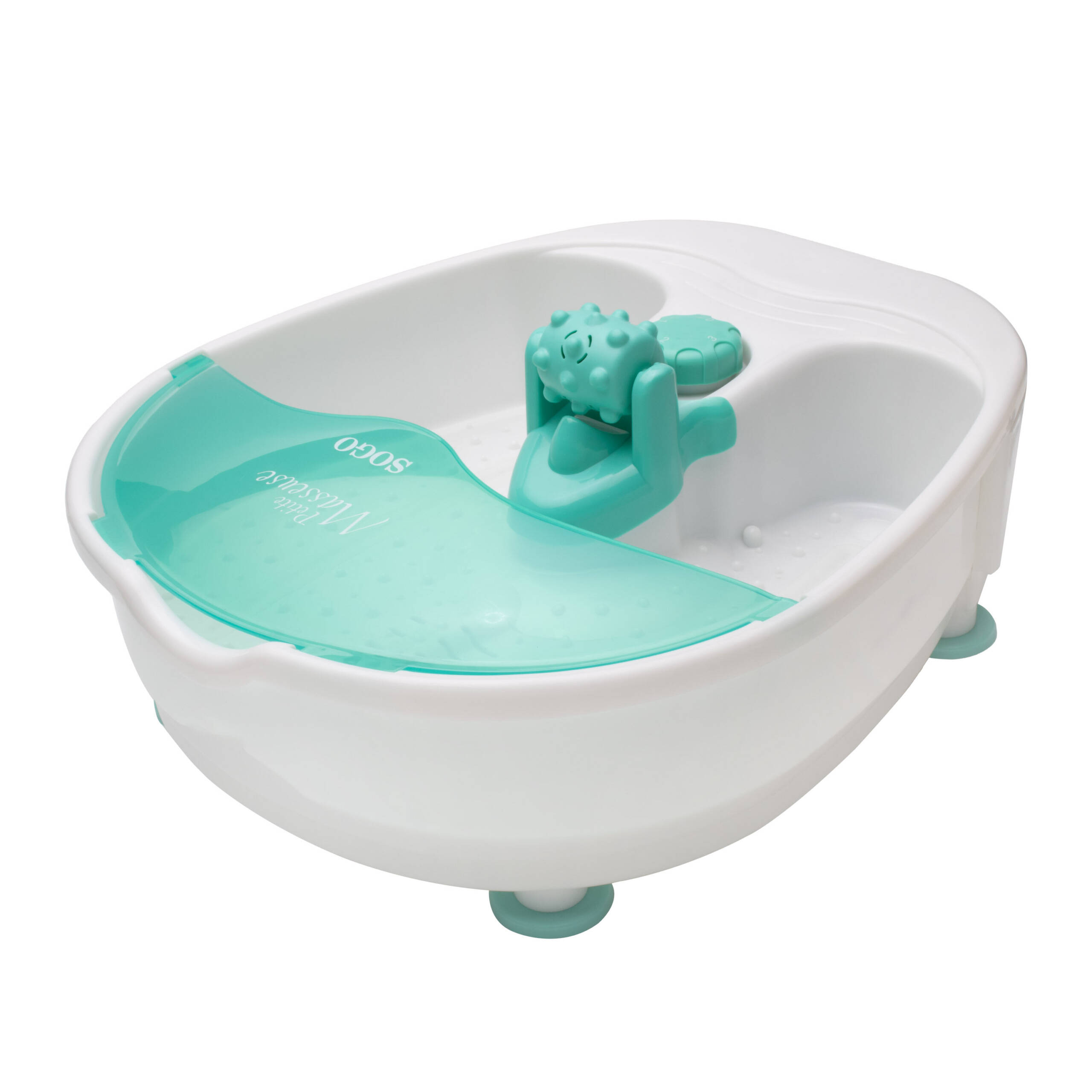 Un pediluvio bianco con coperchio verde e accessorio massaggiante.