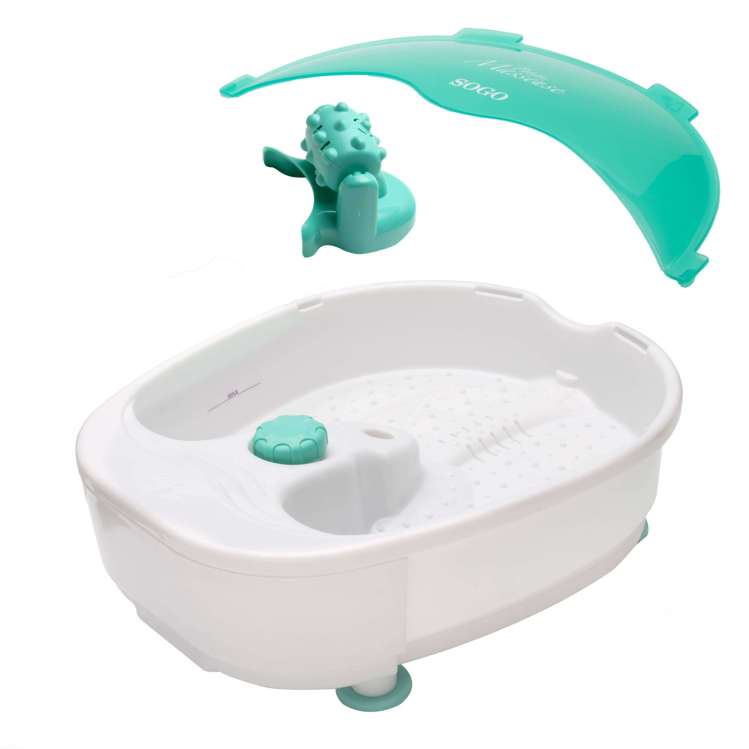 Vasca per pediluvio bianca con accessorio massaggiante e coperchio turchese.