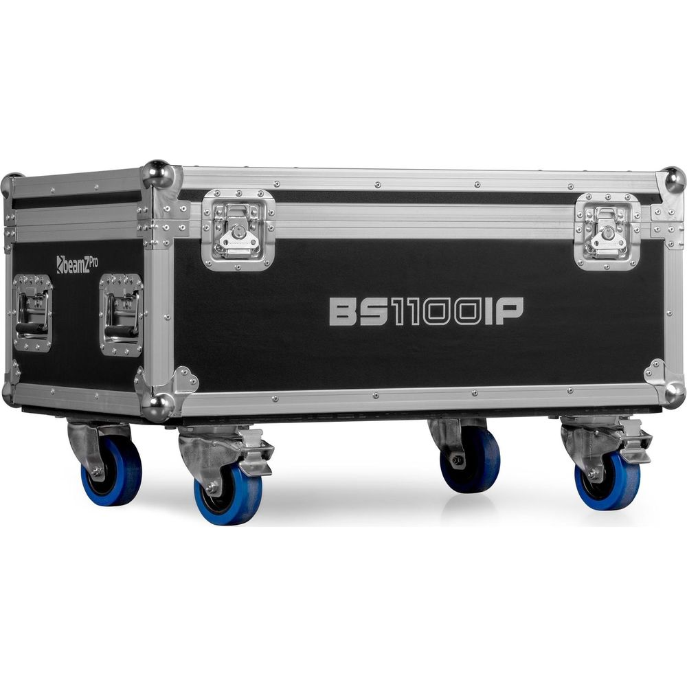 Maleta negra con adornos plateados y ruedas azules. Etiquetada 'Beam7Pro BS1100IP'.