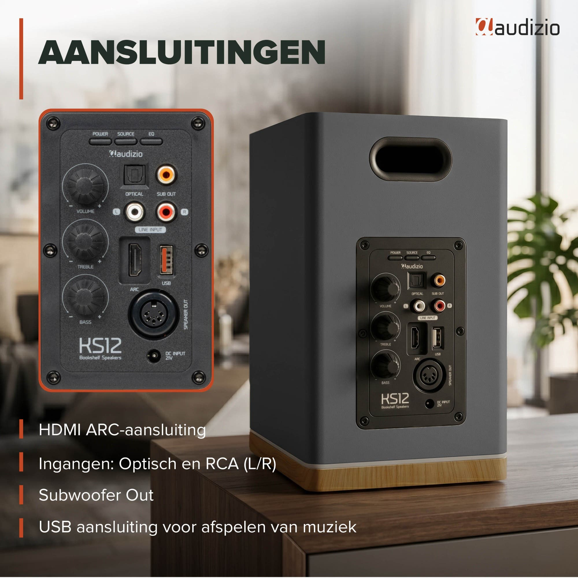 Parte trasera de un altavoz mostrando conexiones: HDMI ARC, Óptico, RCA, USB.