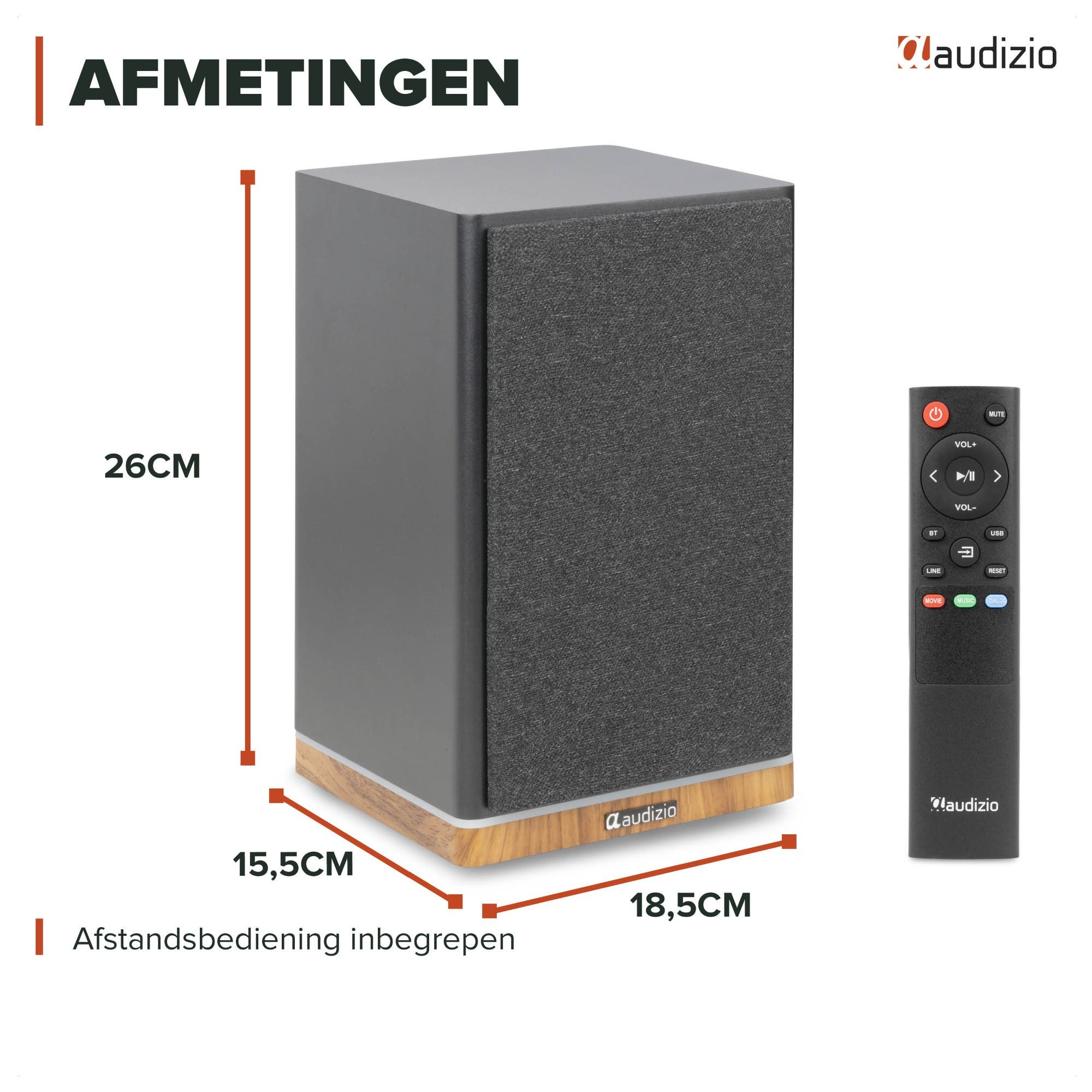 Altavoz gris con base de madera y mando. Dimensiones: 26x18,5x15,5cm.