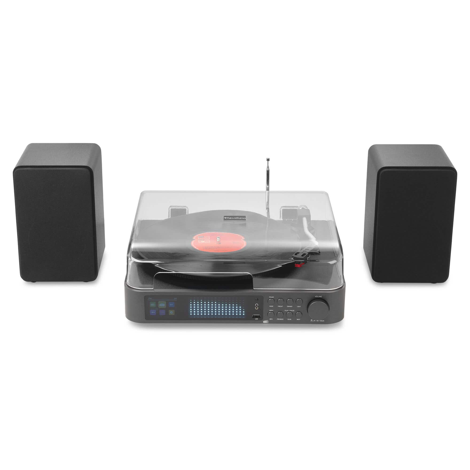 Tocadiscos negro con dos altavoces y disco de vinilo.