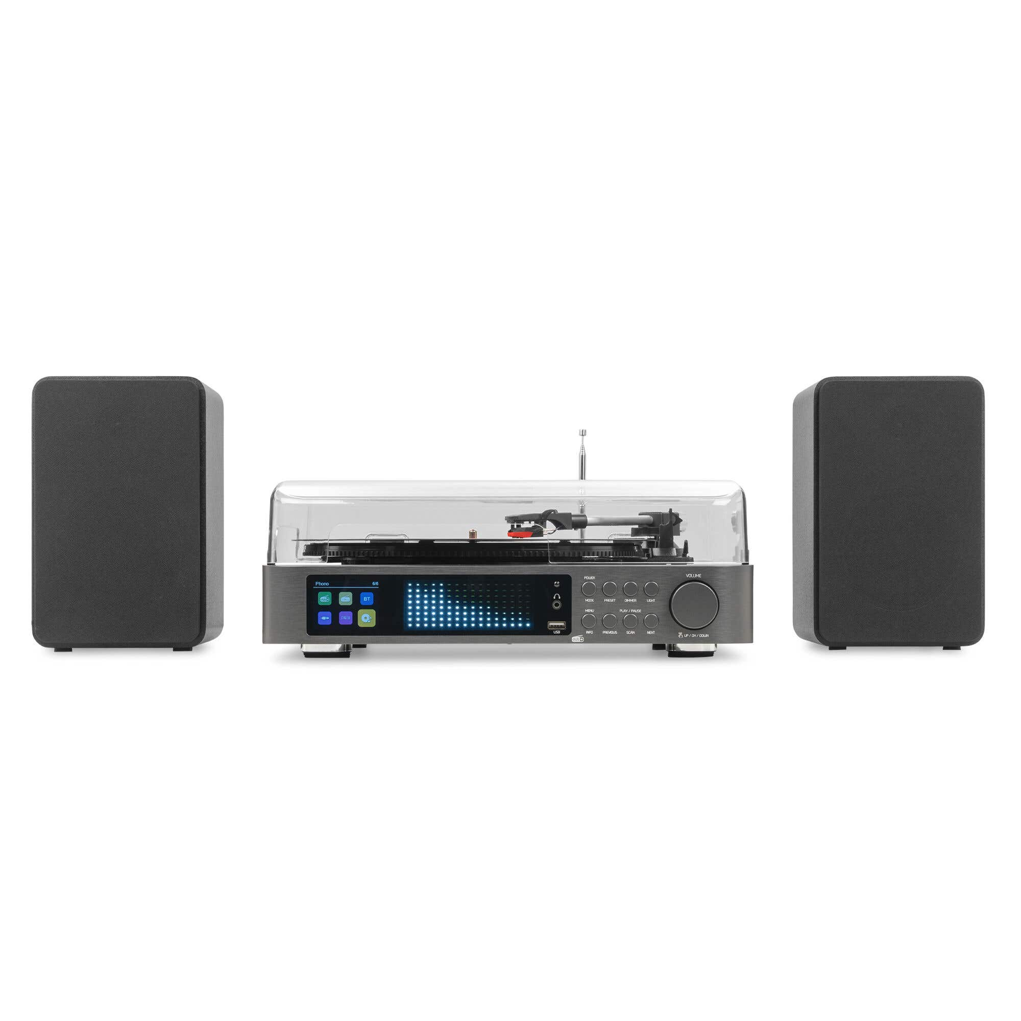 Tocadiscos negro con dos altavoces y pantalla digital.
