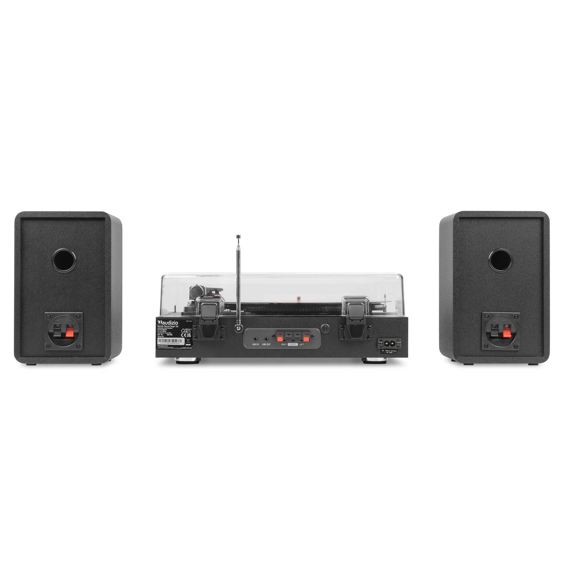 Tocadiscos negro con dos altavoces y antena.