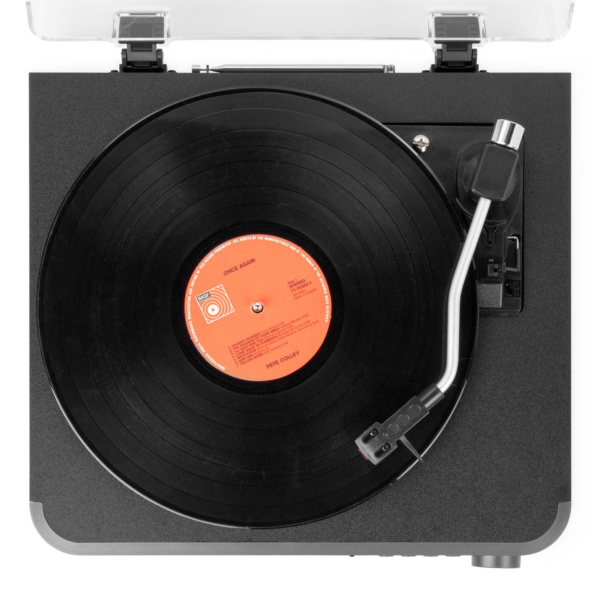 Un tocadiscos reproduciendo un disco de vinilo titulado 'Once Again' de Pete Colley.