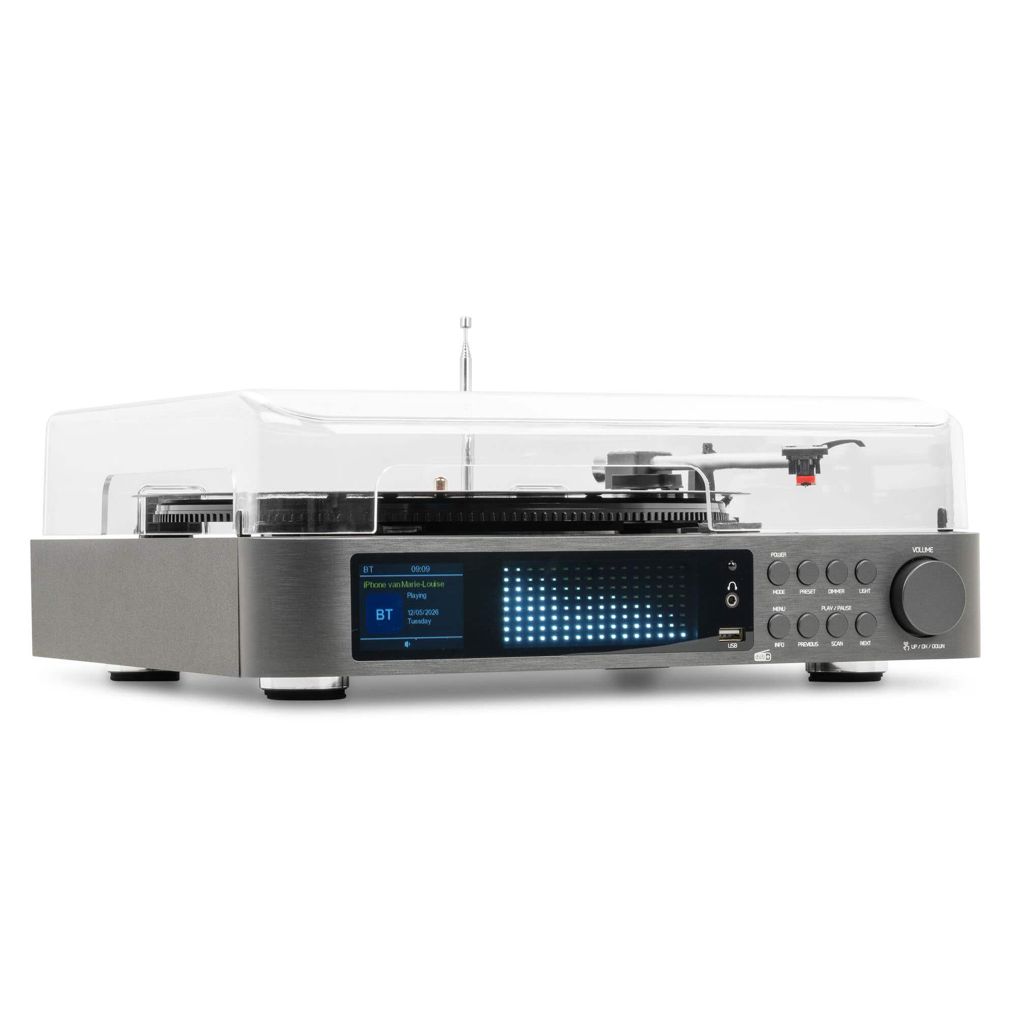 Tocadiscos gris con tapa transparente, pantalla LCD y botones de control.