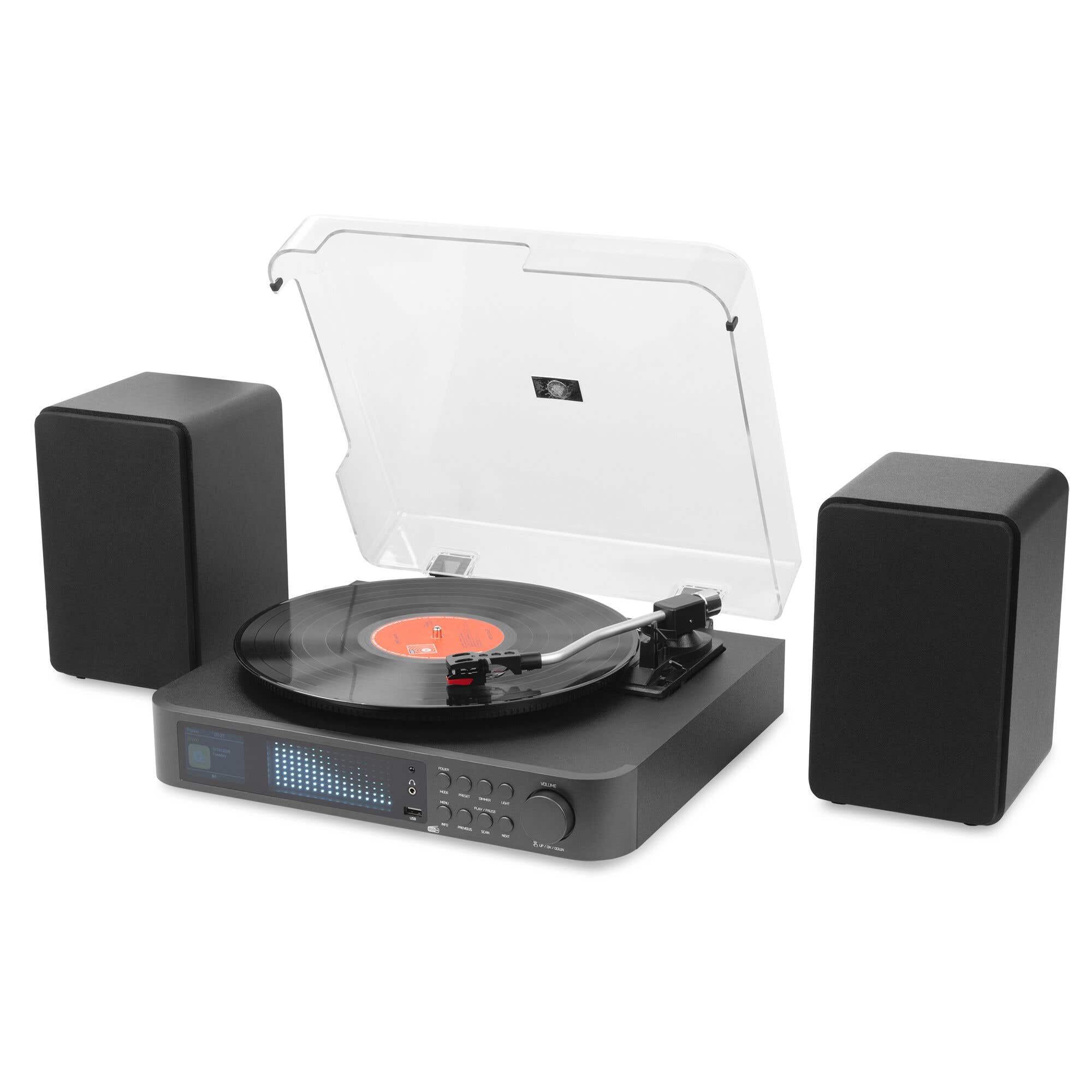 Tocadiscos con dos altavoces negros y tapa transparente.