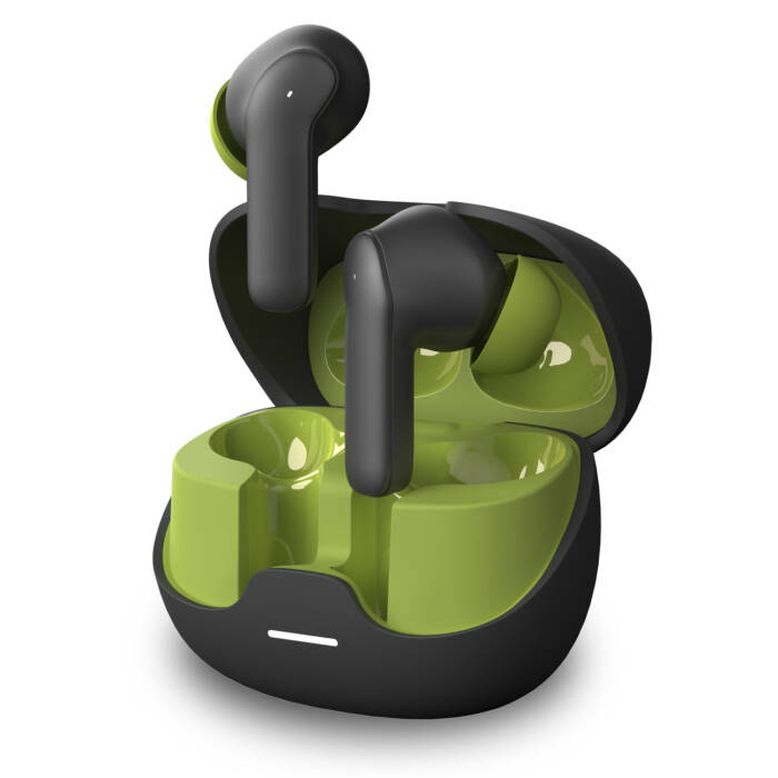 Auricolari wireless neri e verdi in una custodia di ricarica aperta.