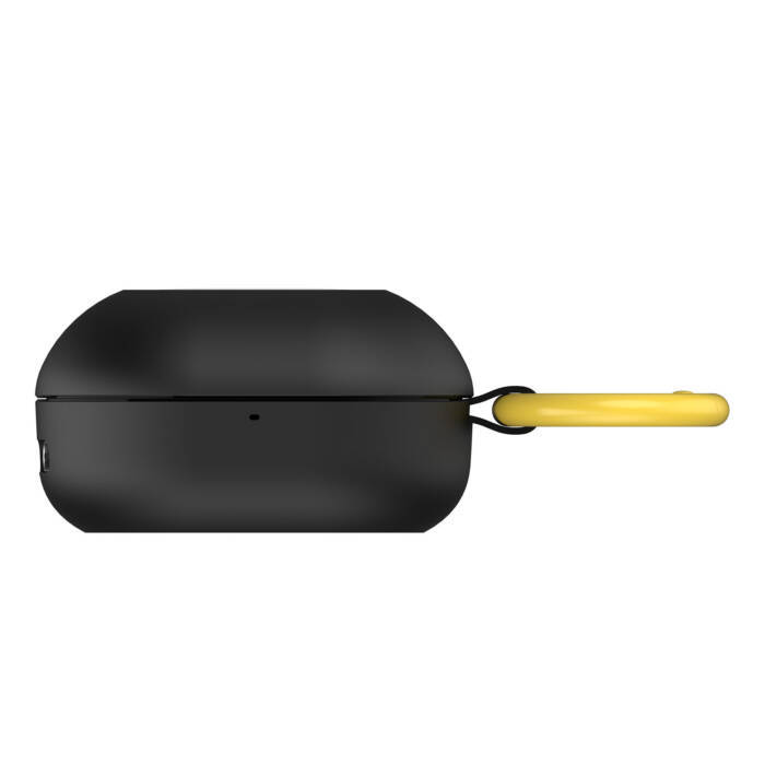 Custodia nera per auricolari con anello giallo e moschettone.
