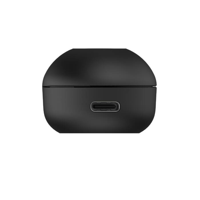 Una custodia di ricarica nera con porta USB-C sul davanti.