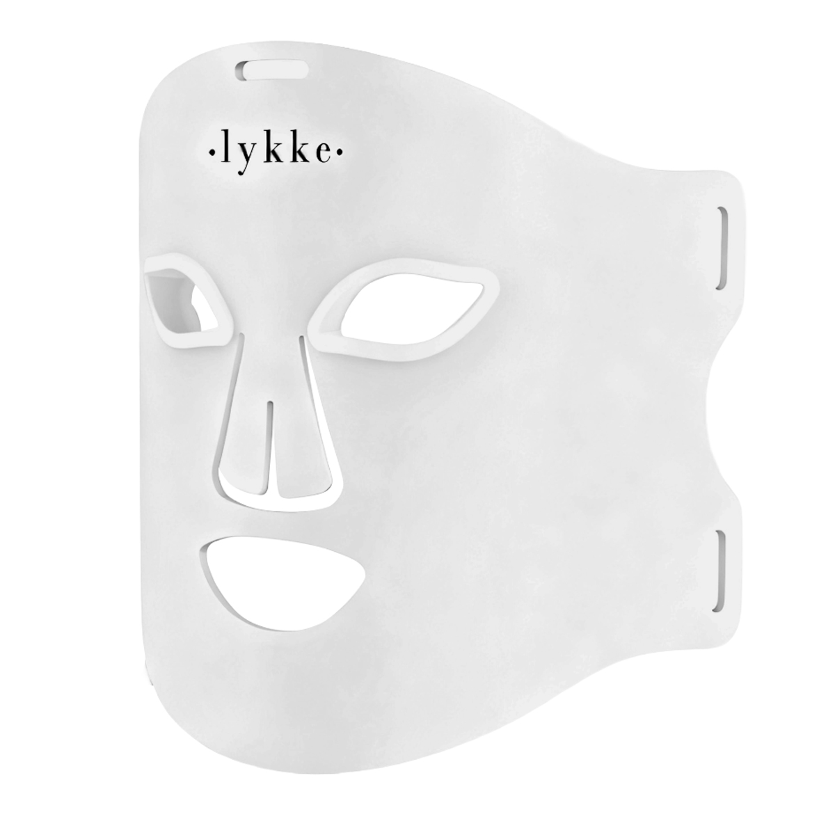 Eine weiße Gesichtsmaske mit Ausschnitten für Augen, Nase und Mund. Sie hat den Aufdruck 'lykke'.