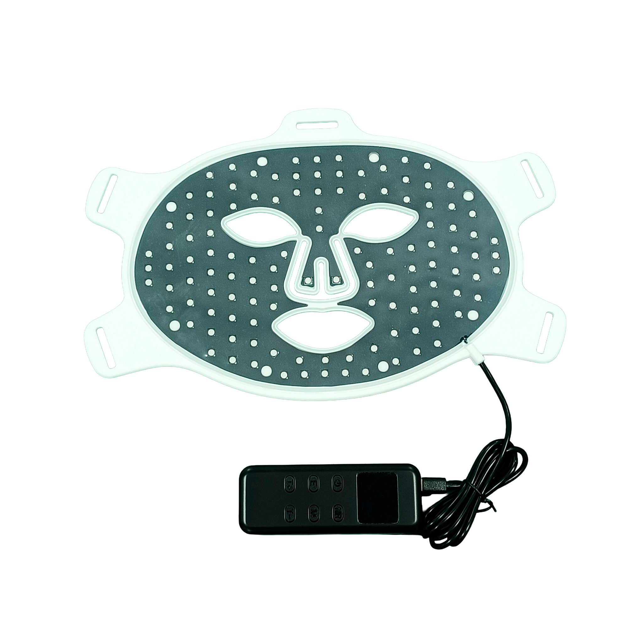 Ein graues LED-Gesichtsmasken-Gerät mit einem schwarzen Steuerkasten und Kabel.