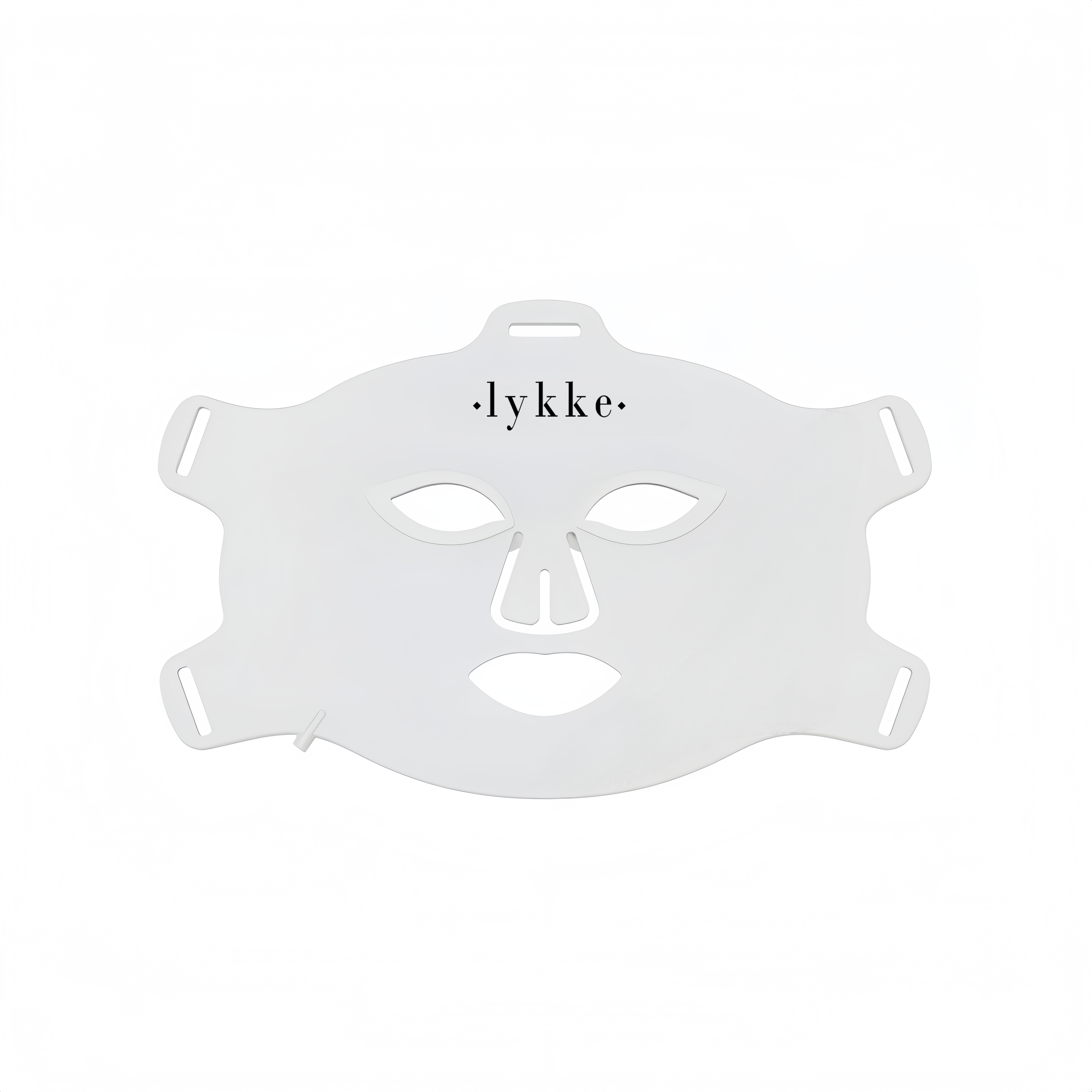 Eine weiße Gesichtsmaske mit Augen-, Nasen- und Mundöffnungen und dem Logo.
