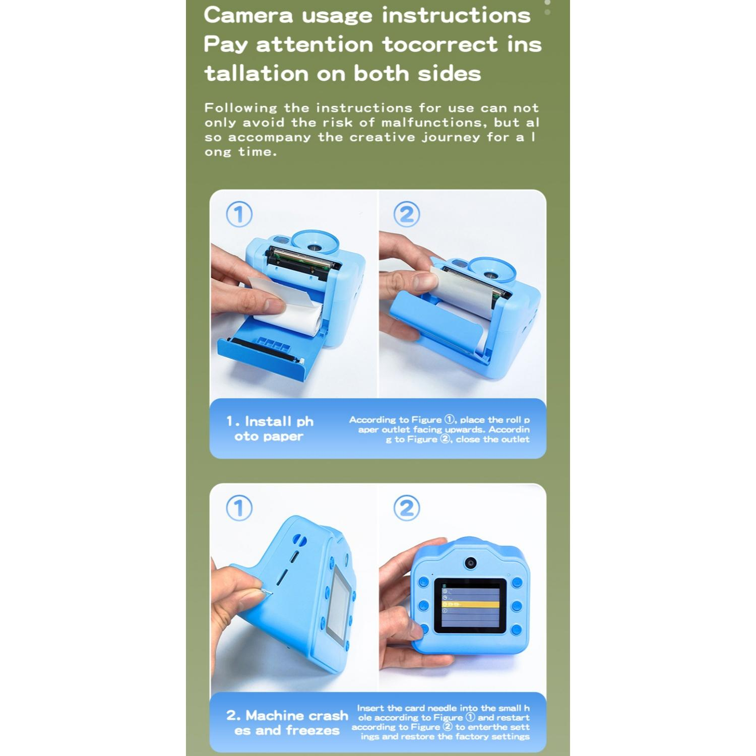 Anleitung: Blaues Digitalkamera-Zubehör. Einbau von Papierrolle und Speicherkarte.
