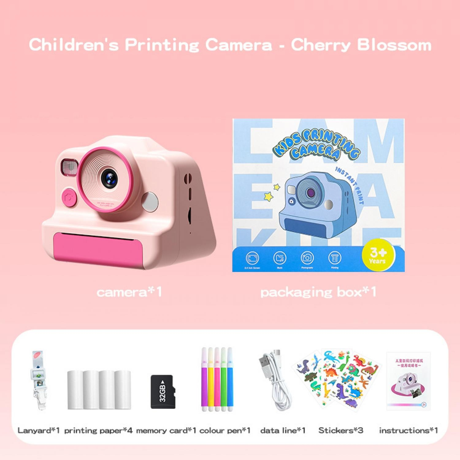 Ein rosa Kinderfotoapparat mit Zubehör, darunter Papierrollen, Stifte und Sticker.
