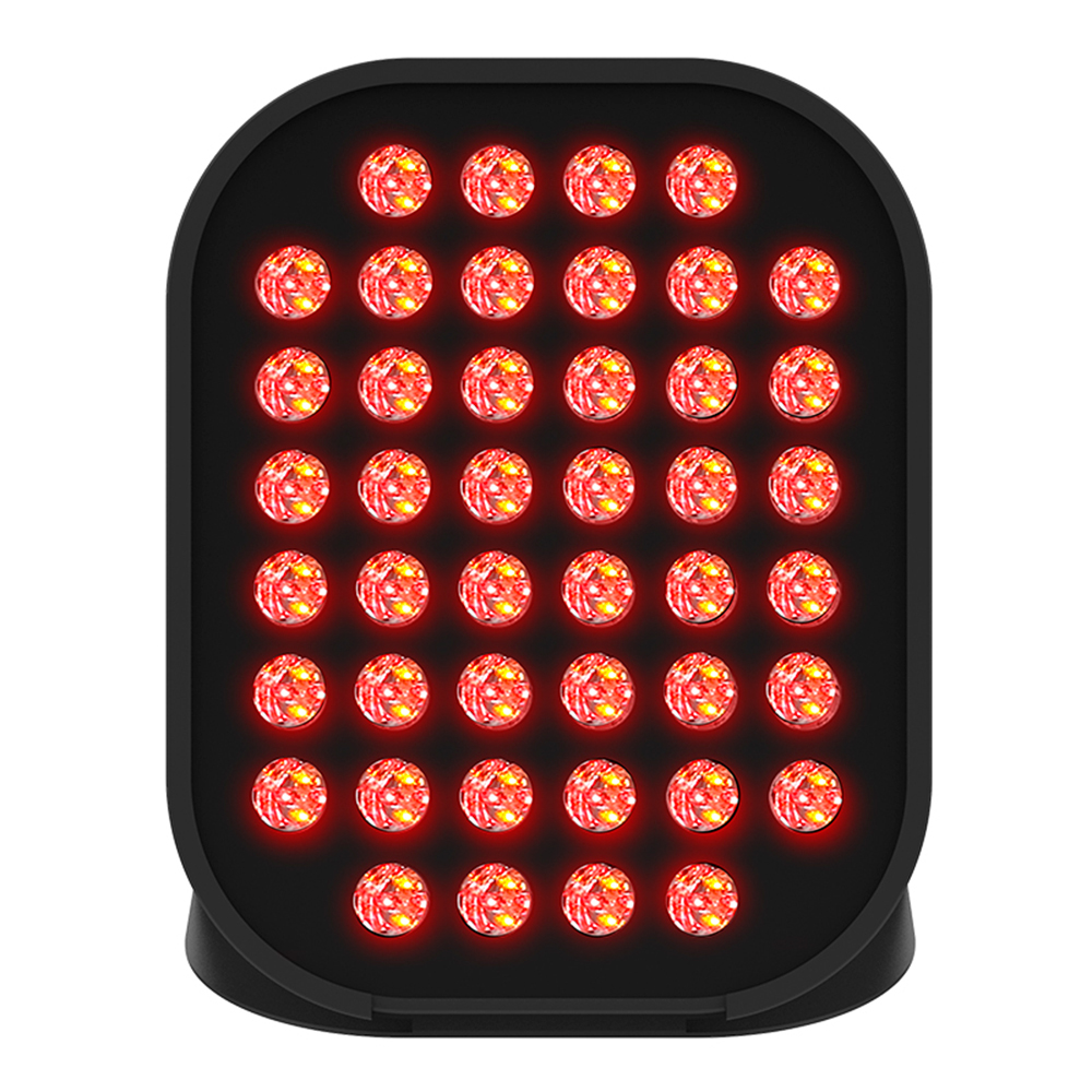 Schwarzes Gerät mit Reihen von hellroten LED-Lichtern auf weißem Hintergrund.