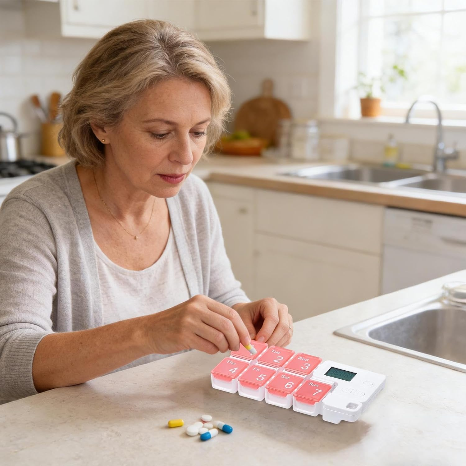 Frau sortiert Pillen in einen digitalen Pillenorganizer in einer Küche.