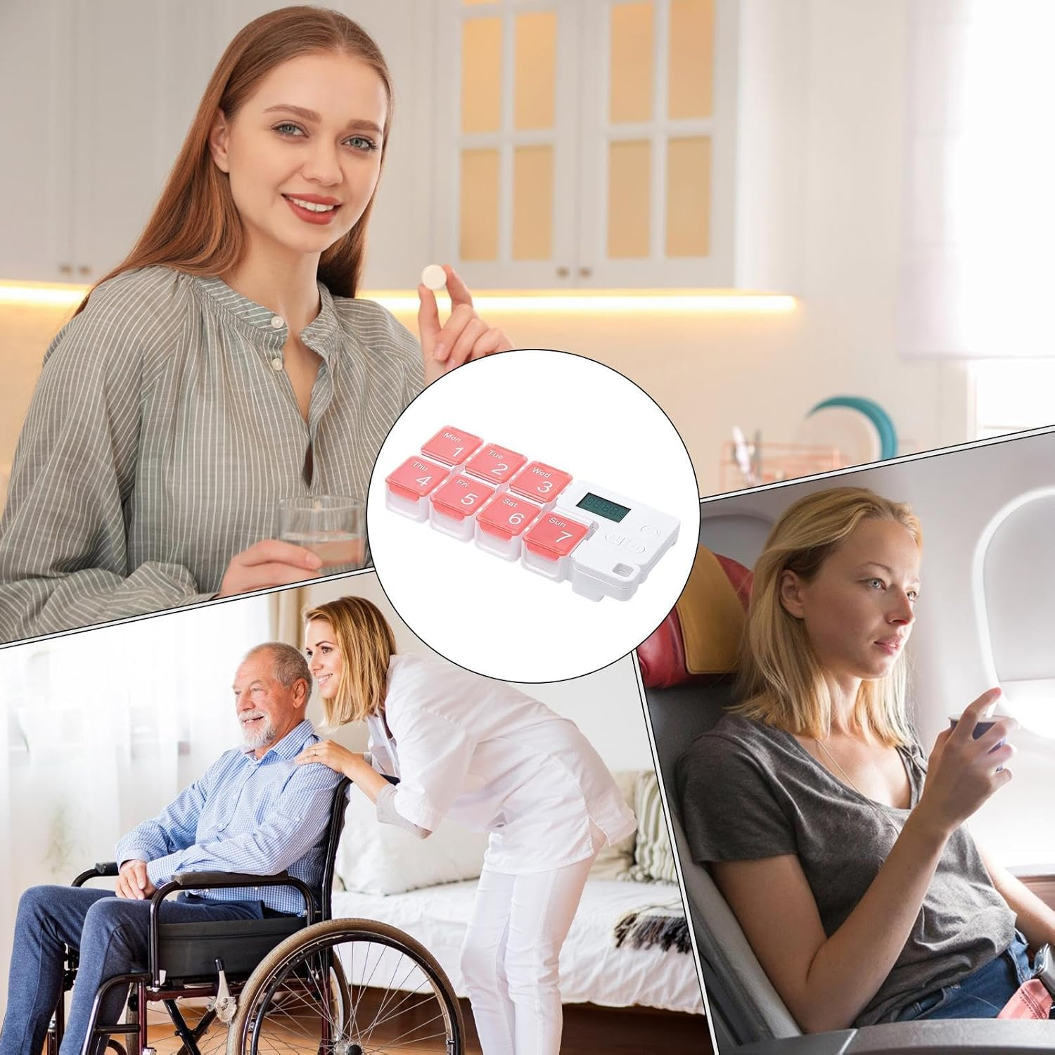 Collage zeigt Pillendose, Frau mit Pille, Pflegekraft mit Rollstuhlfahrer, Frau im Flugzeug.