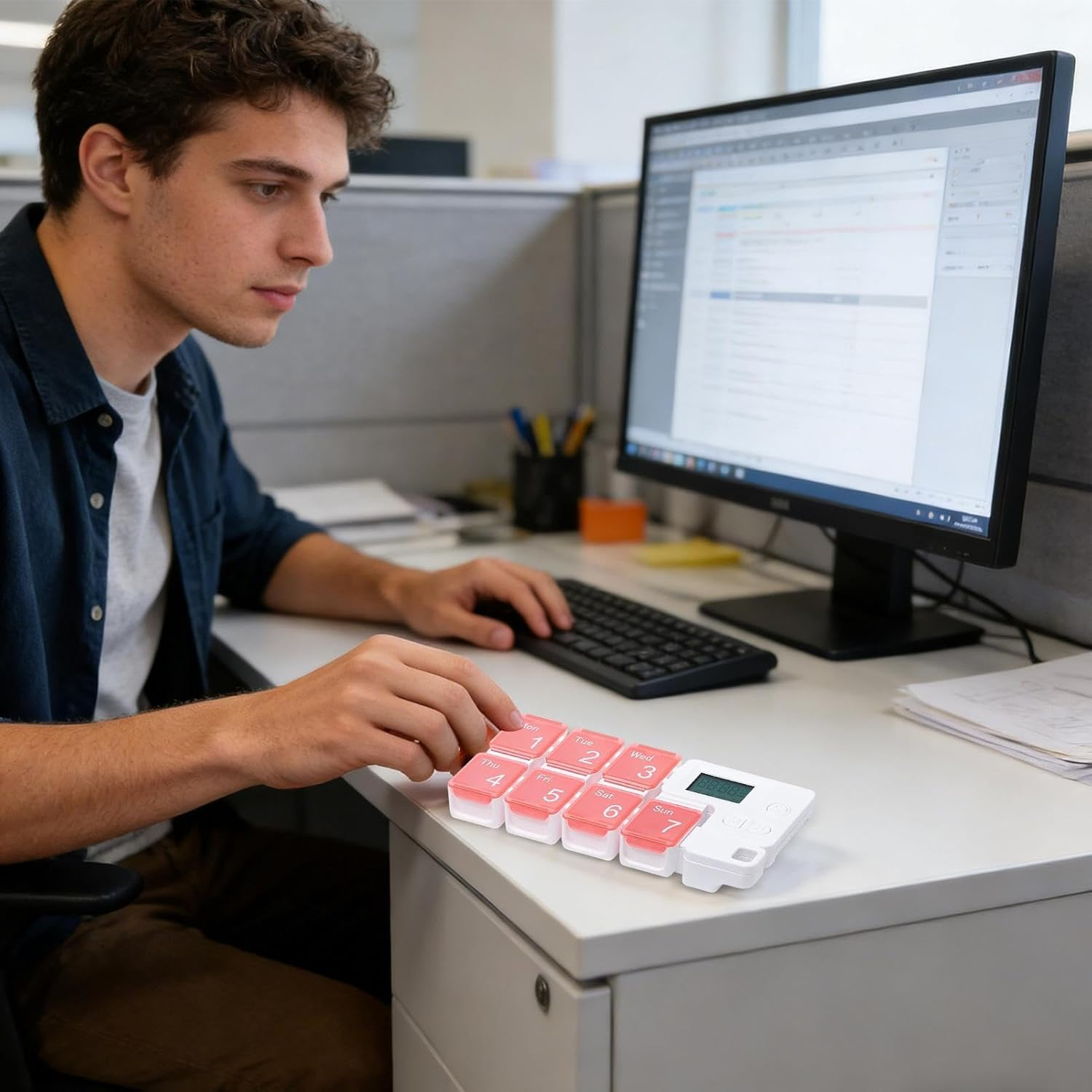 Ein Mann sitzt an einem Schreibtisch und arbeitet an einem Computer. Ein Pillendispenser steht auf dem Schreibtisch.